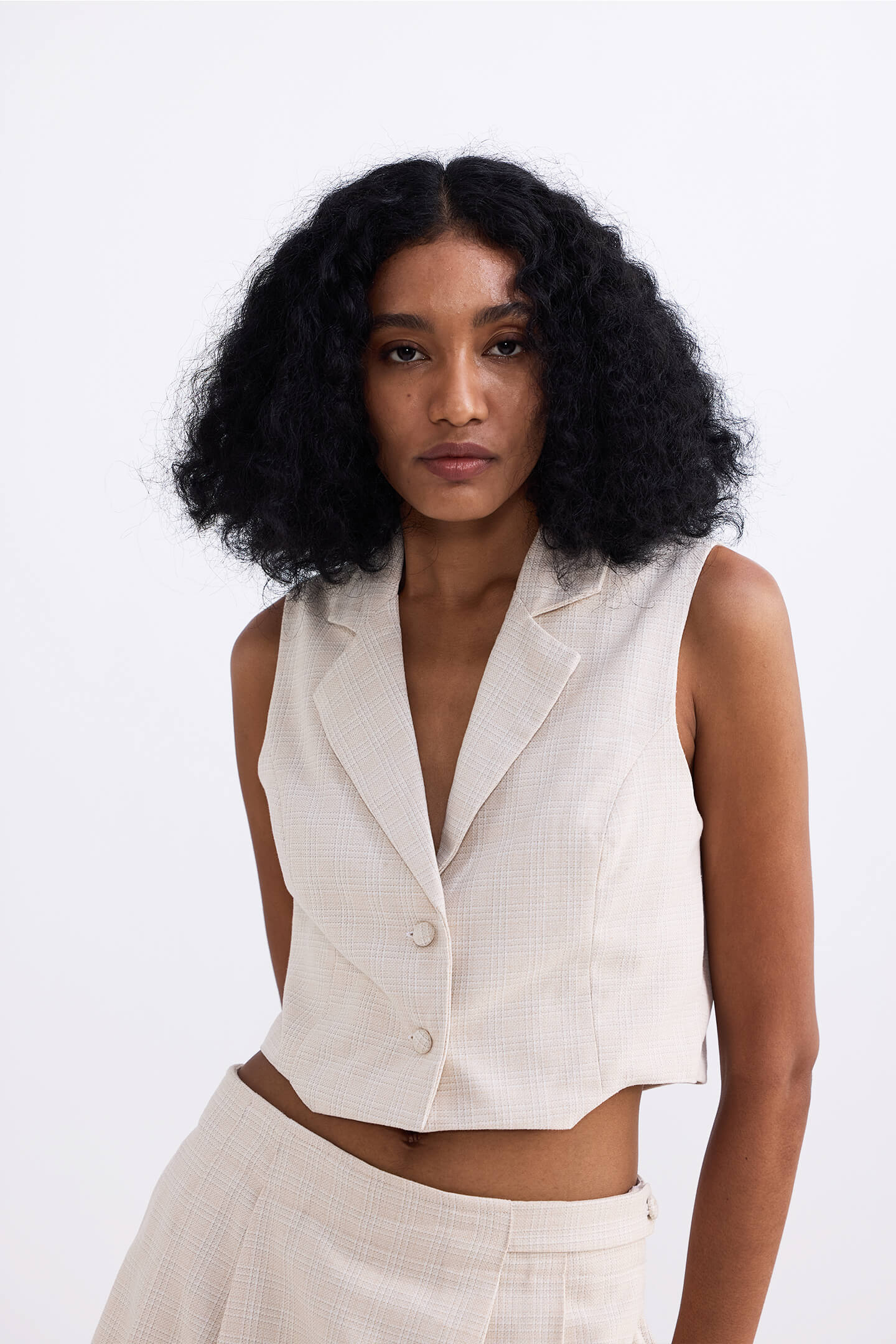 Cropped Cotton Tweed Vest in Cream