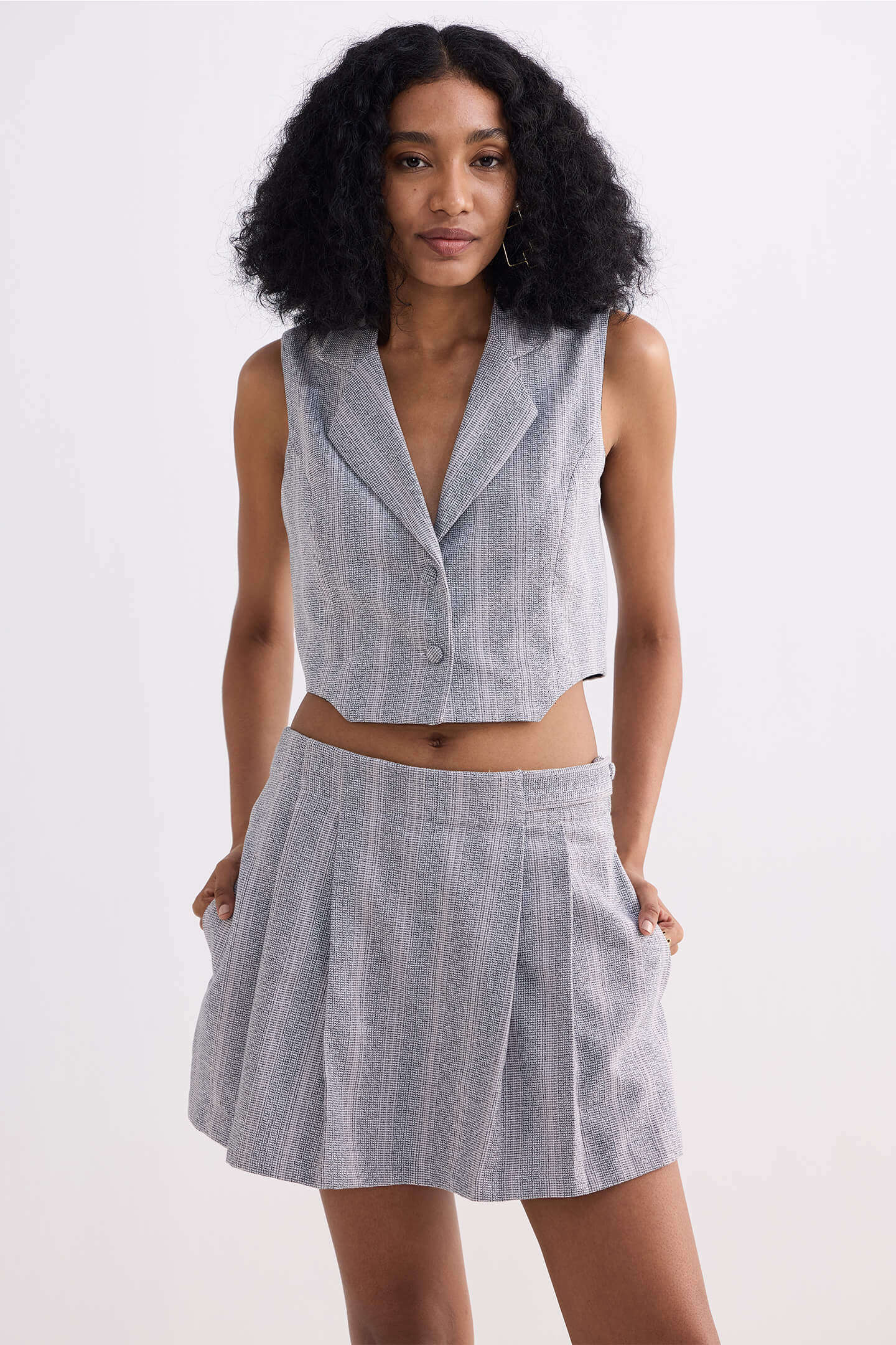 Cropped Cotton Tweed Vest in Grey