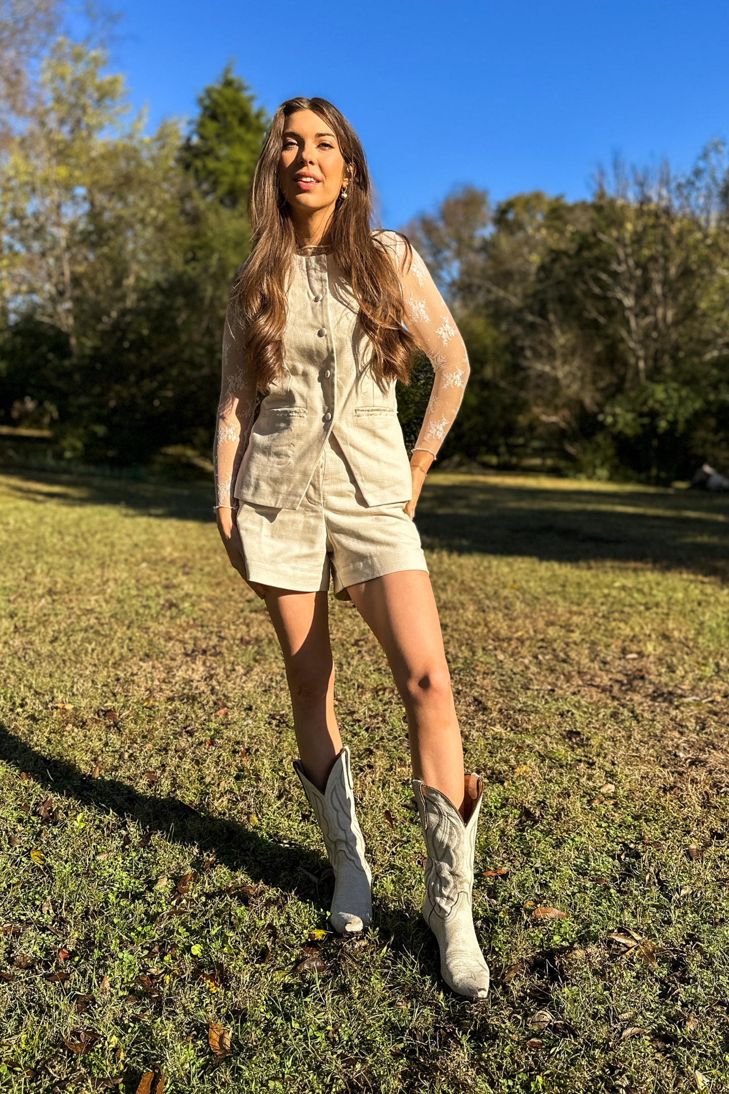 Cotton Tweed Vest Jacket Set in Cream