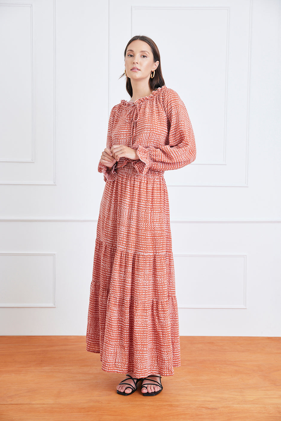 Esme dress in saffron dot sustainable cotton featuring romantic tiered skirt, adjustable neckline and semi-sheer sleeves -  elizabeth + Bern