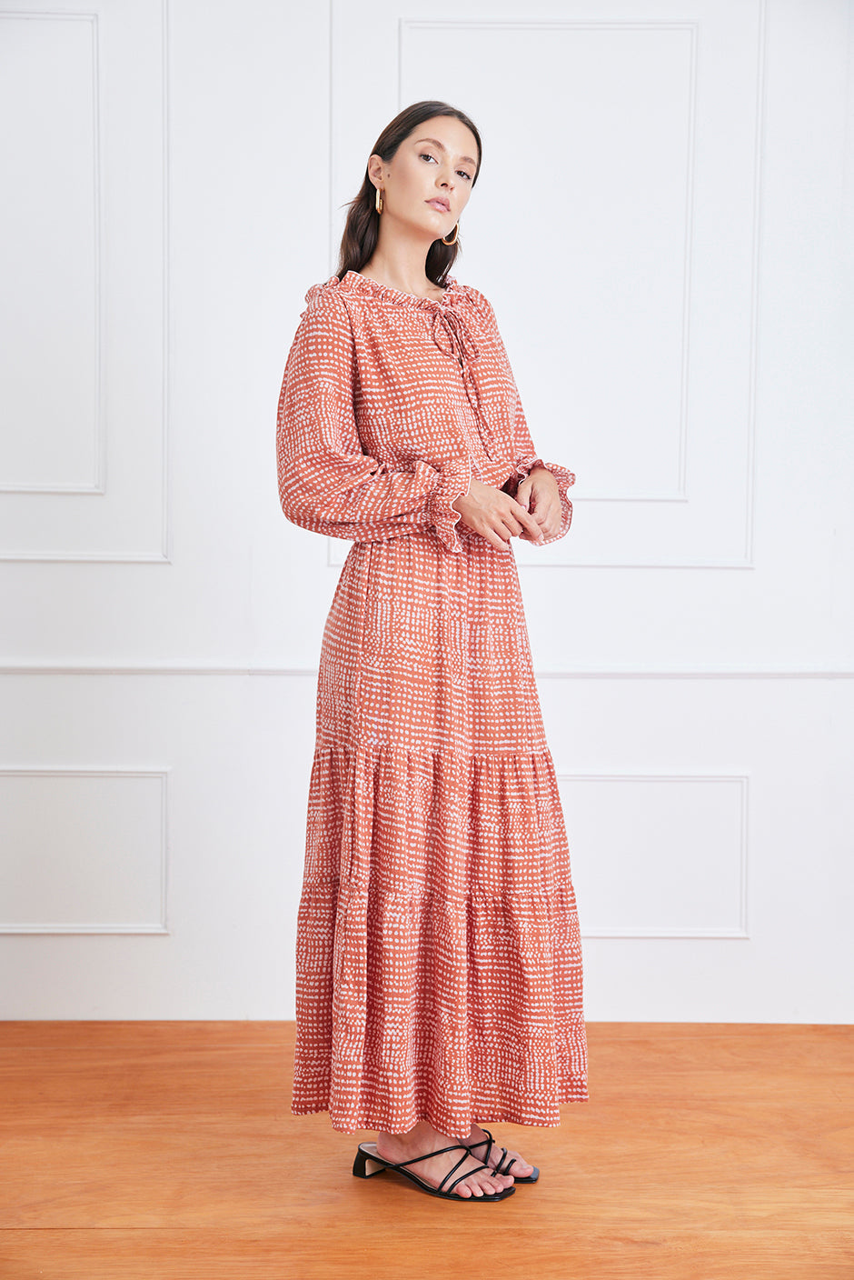 Esme dress in saffron dot sustainable cotton featuring romantic tiered skirt, adjustable neckline and semi-sheer sleeves Esme Dress in Saffron Dot - elizabeth + Bern