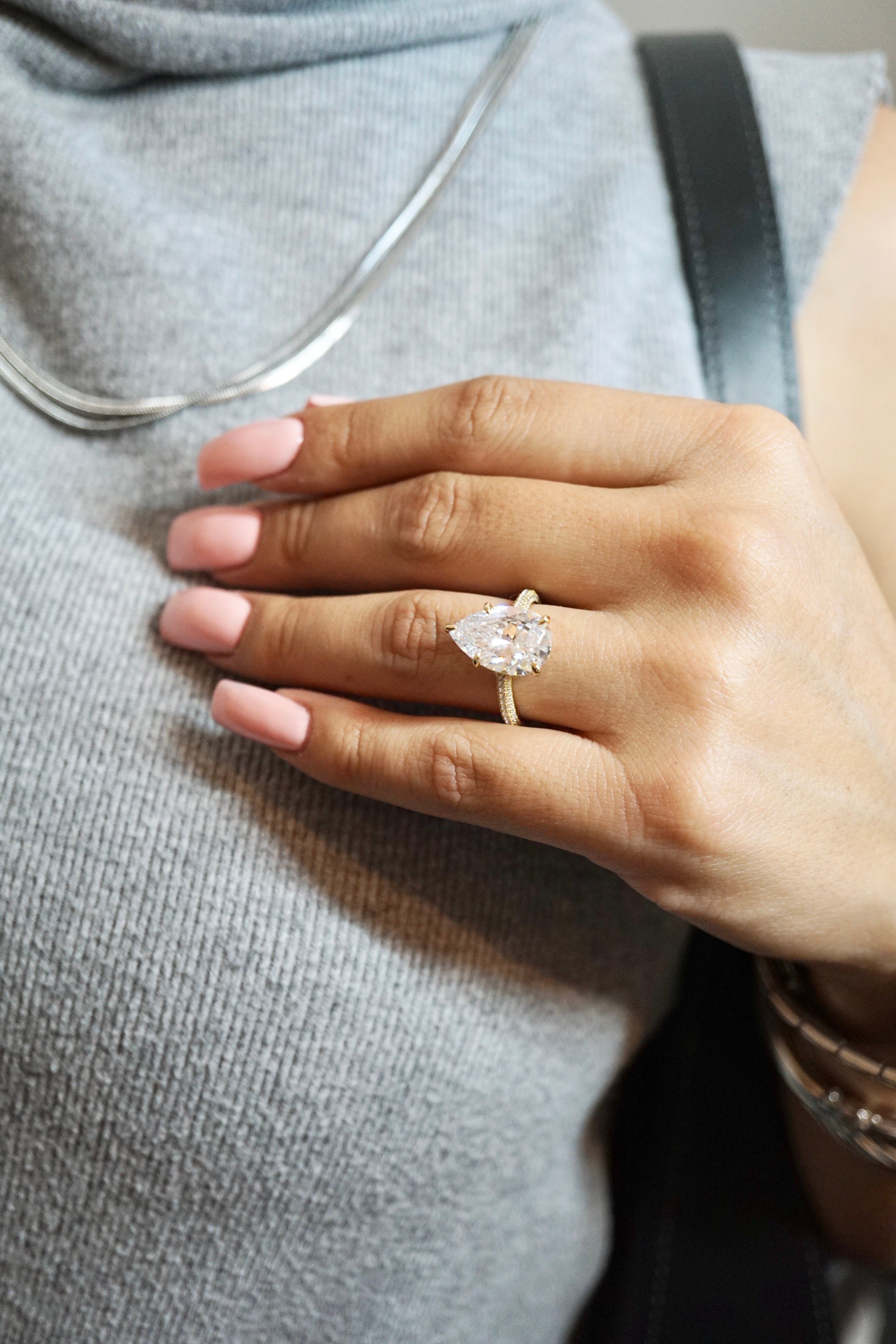 5.0ct Pear Cut Moissanite Three Row Pavè Lab Diamond Engagement Ring