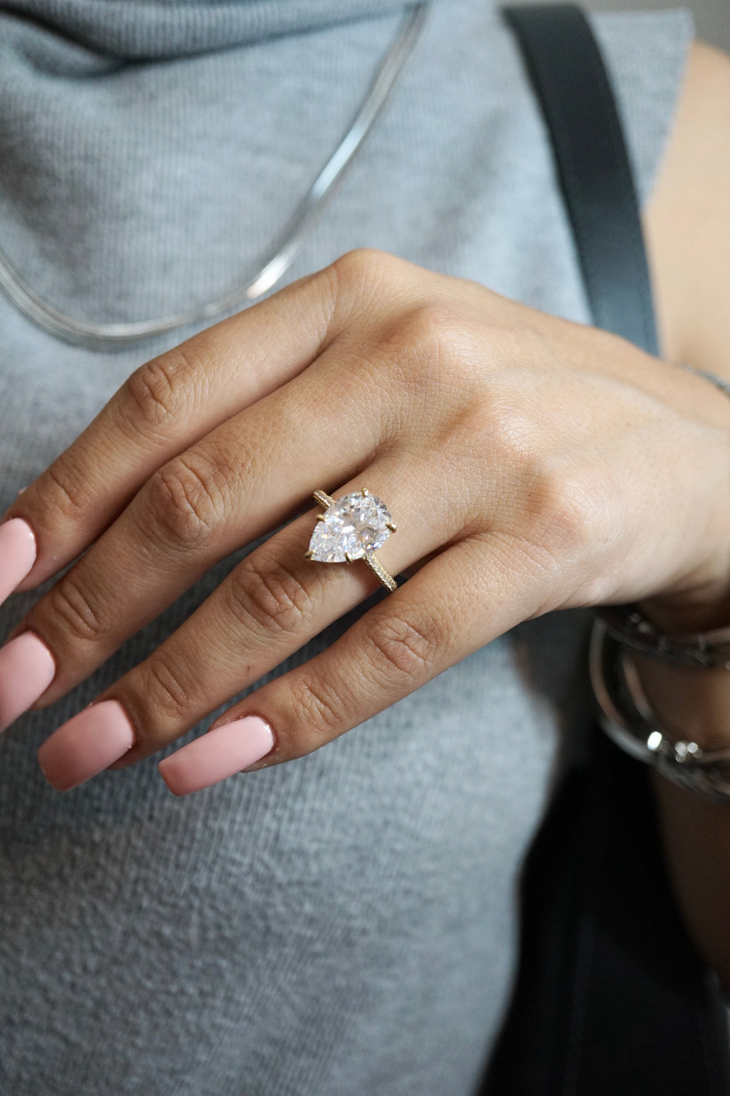 5.0ct Pear Cut Moissanite Three Row Pavè Lab Diamond Engagement Ring