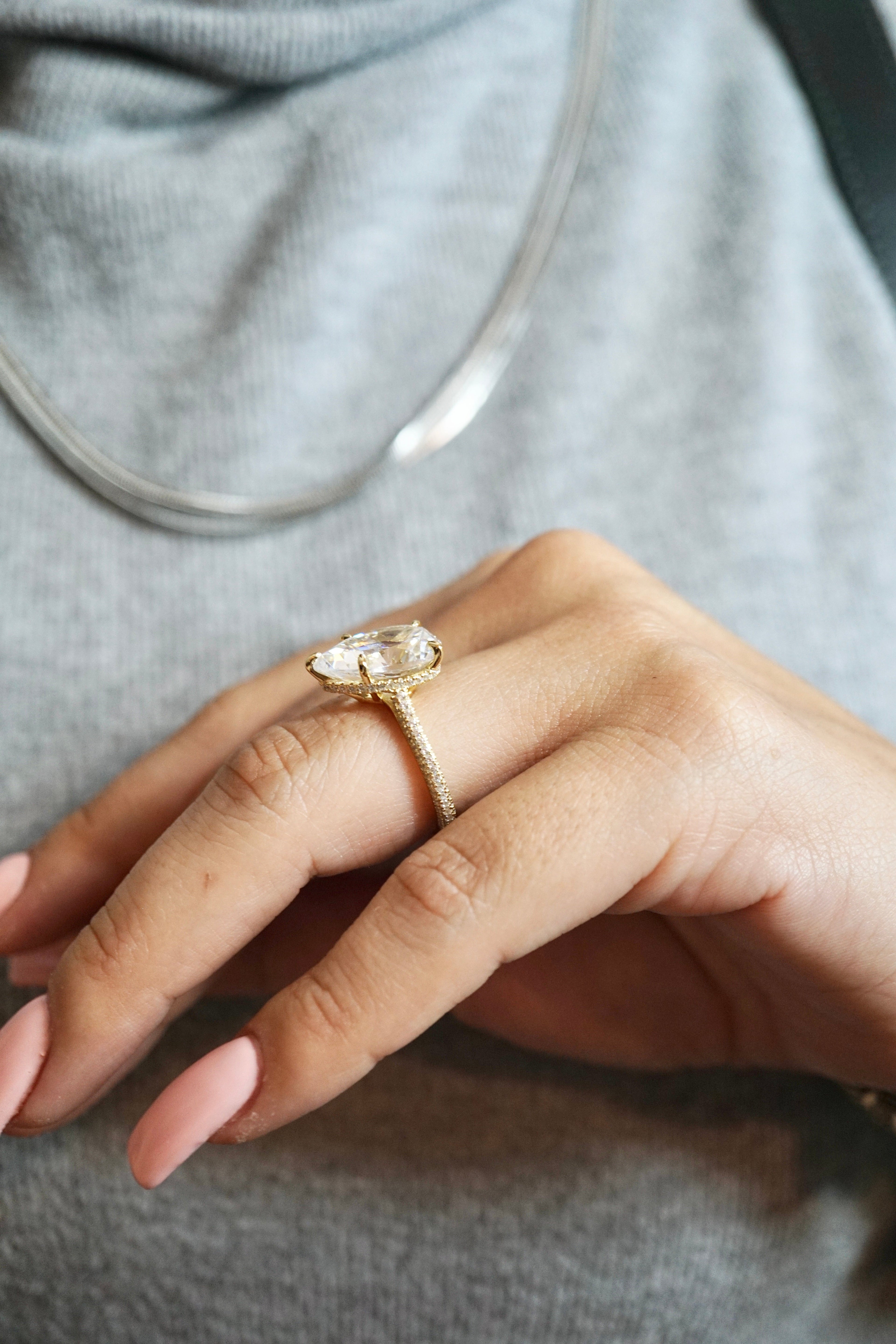 5.0ct Pear Cut Moissanite Three Row Pavè Lab Diamond Engagement Ring