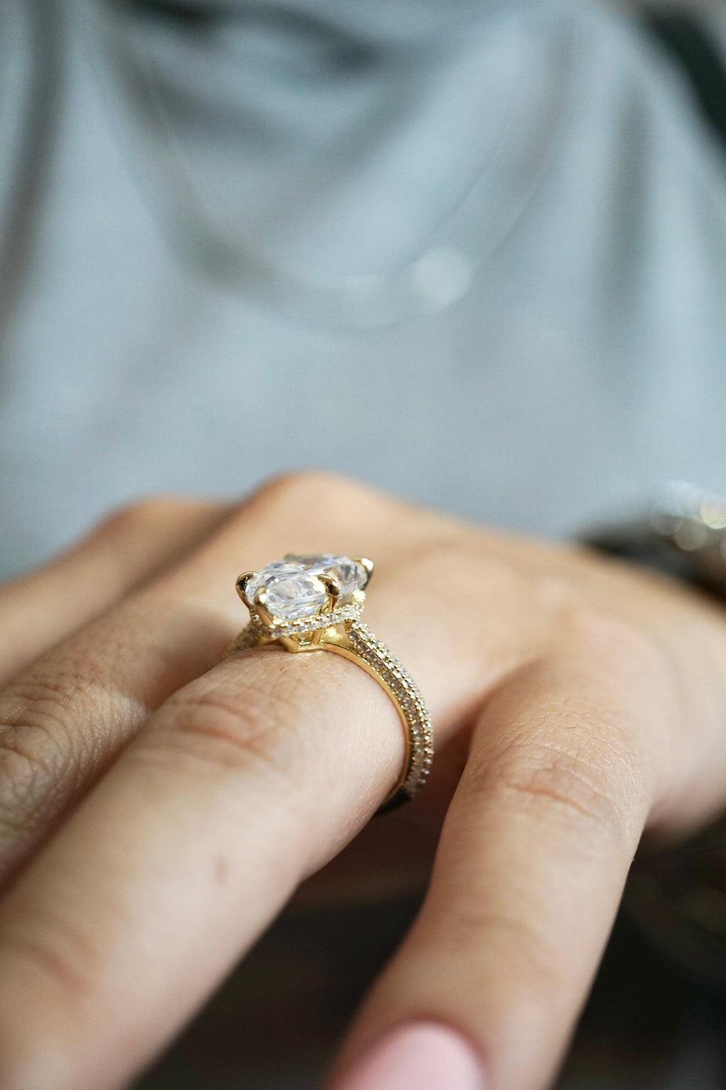 5.0ct Pear Cut Moissanite Three Row Pavè Lab Diamond Engagement Ring