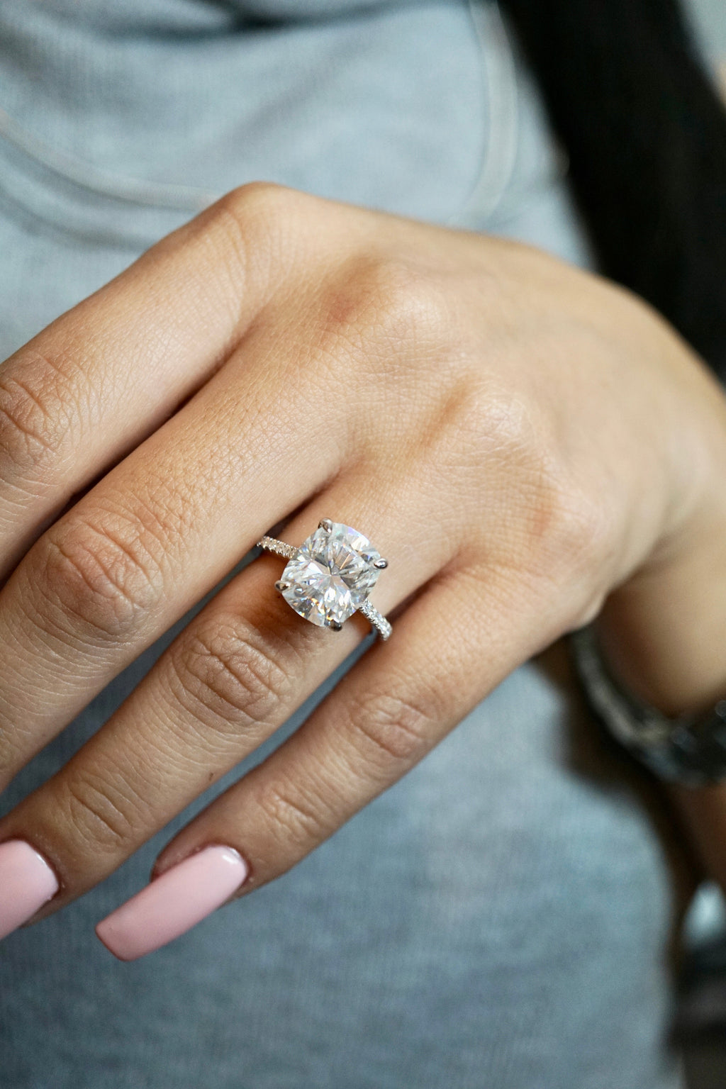 6.0ct Cuhsion Cut Moissanite Lab Diamond Accented Engagement Ring