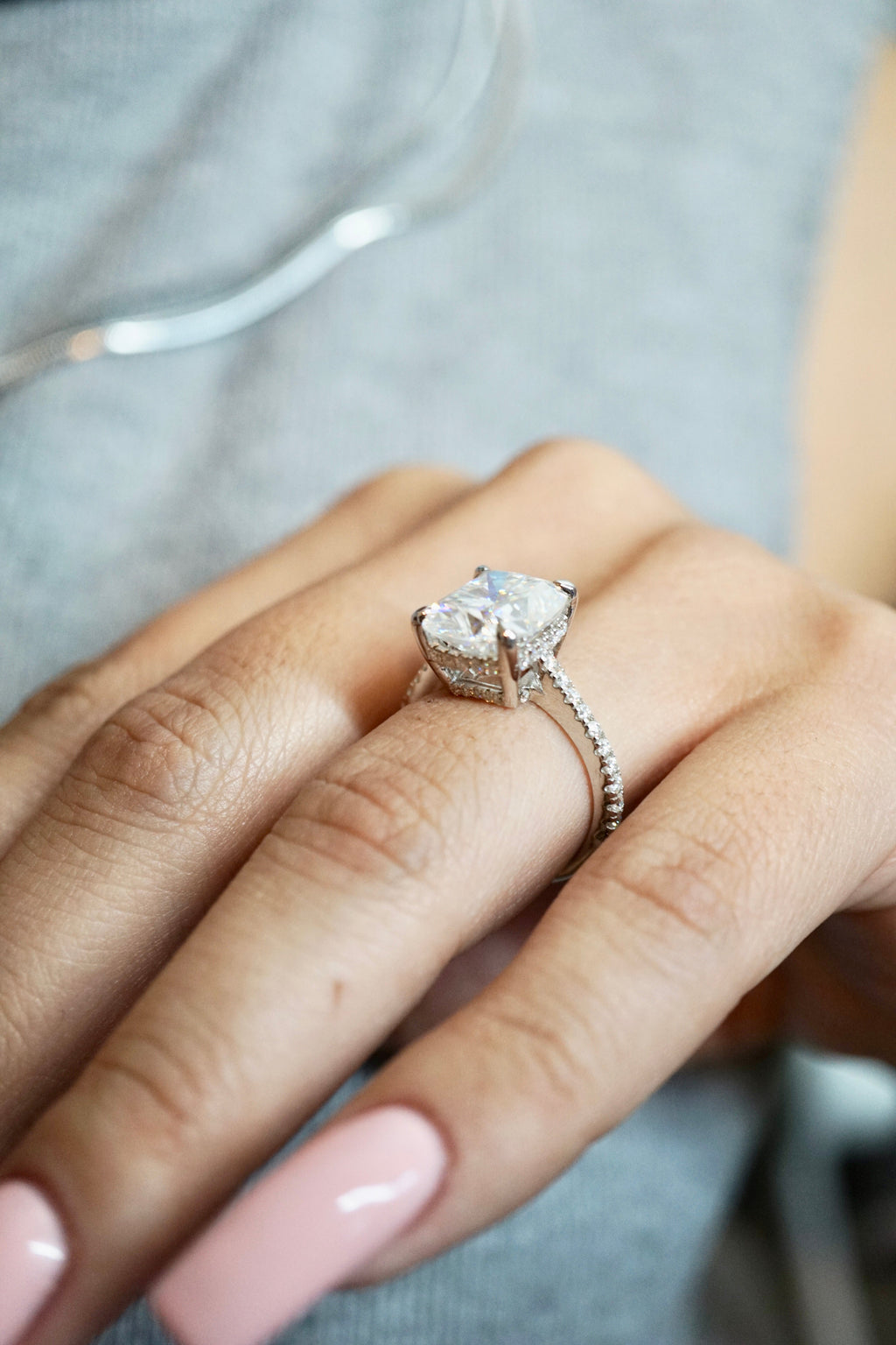 6.0ct Cuhsion Cut Moissanite Lab Diamond Accented Engagement Ring