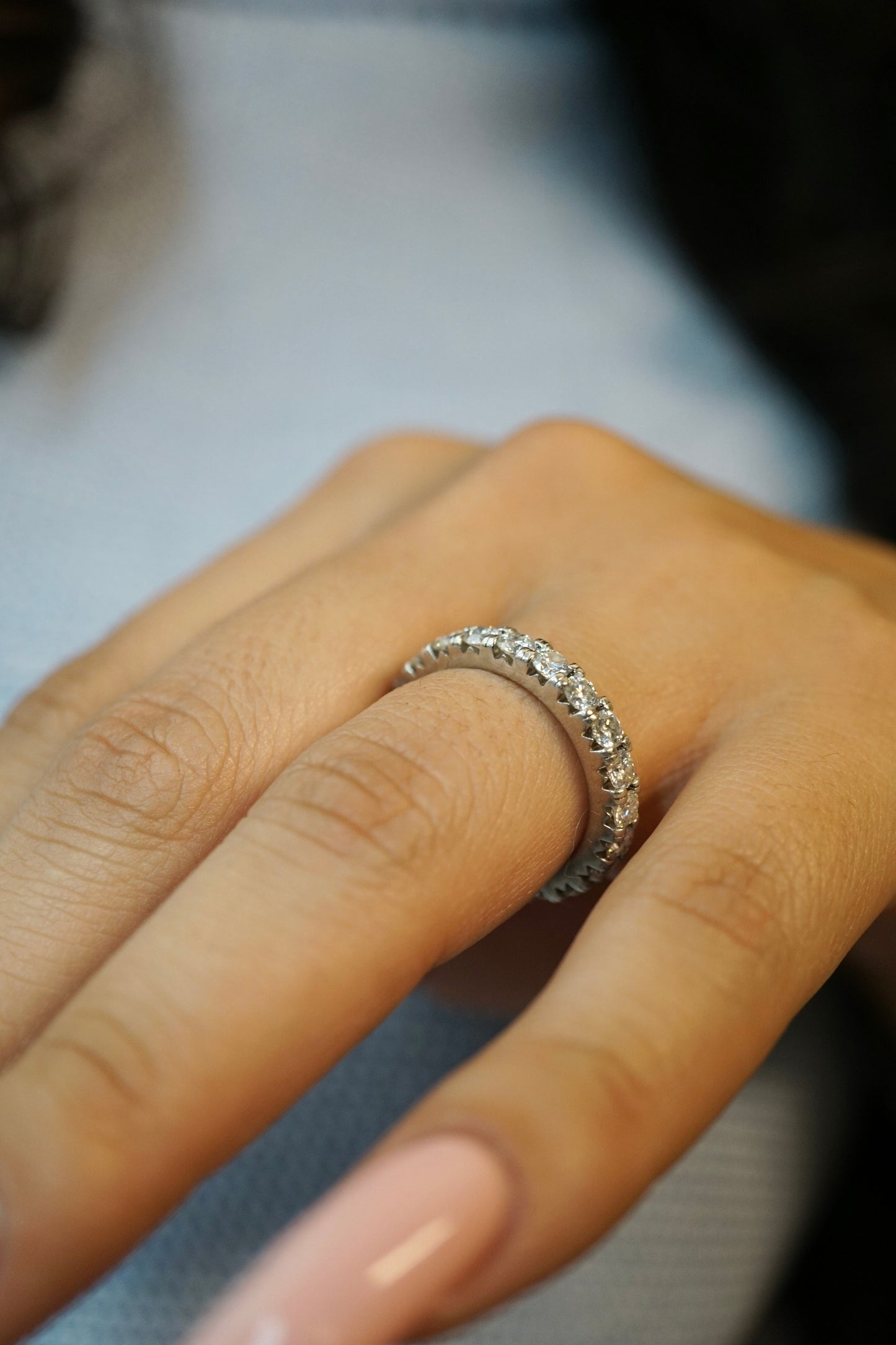 Elegant 3mm round cut moissanite eternity band with fishtail settings in 14K solid gold- elizabeth + Bern