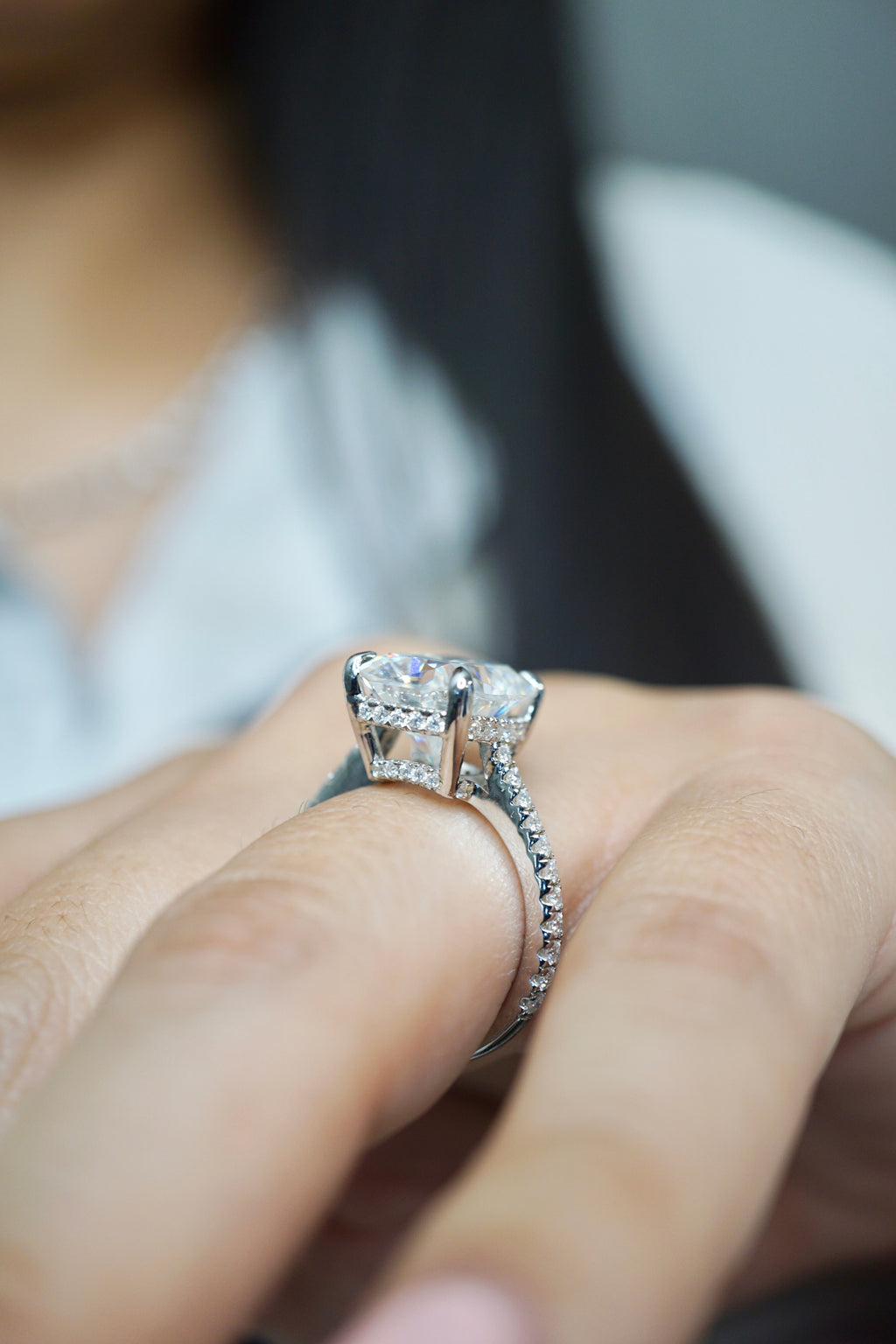 6.0ct Cuhsion Cut Moissanite Lab Diamond Accented Engagement Ring