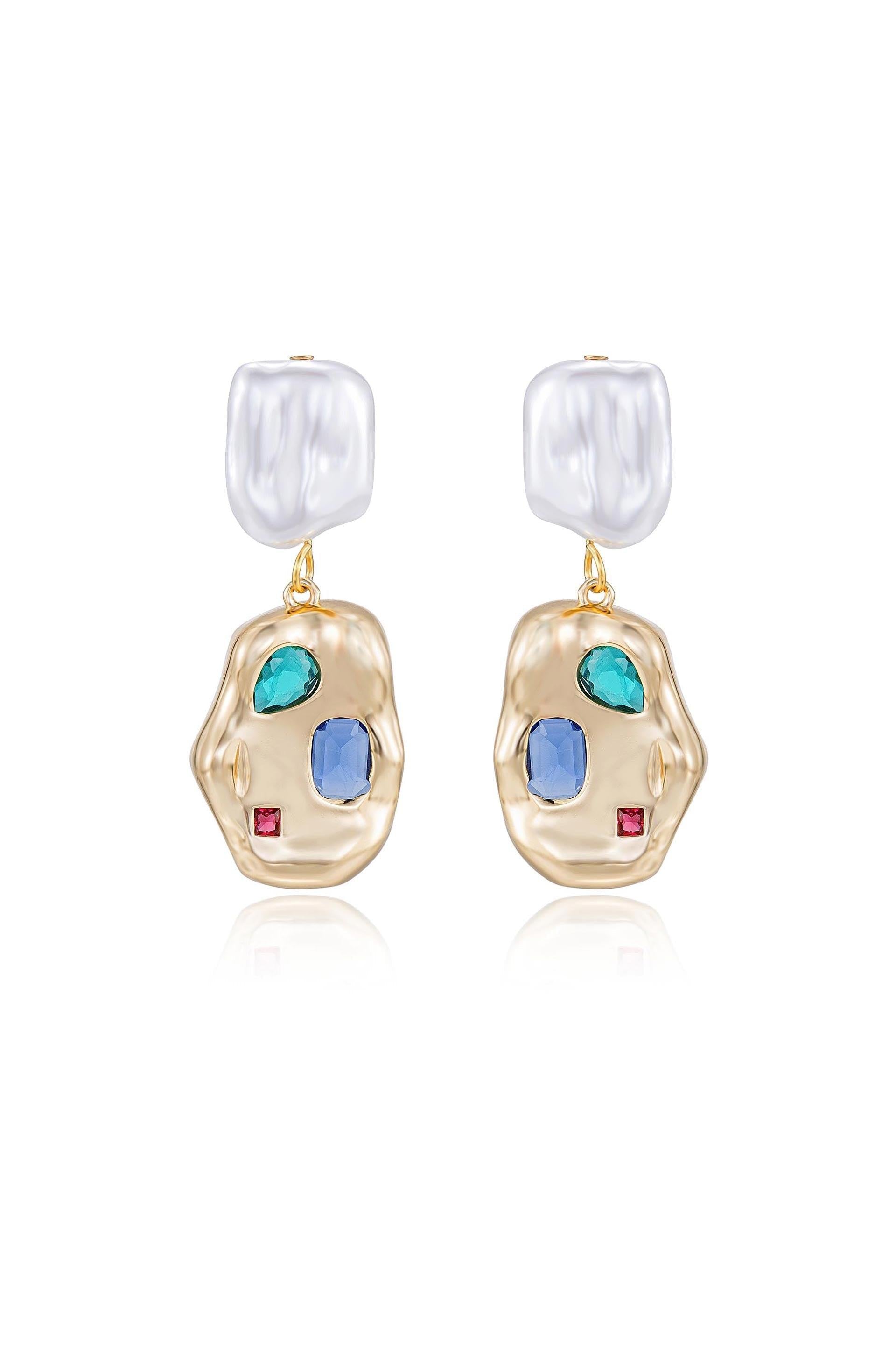 Rainbow Crystal Nugget & Pearl Earrings.