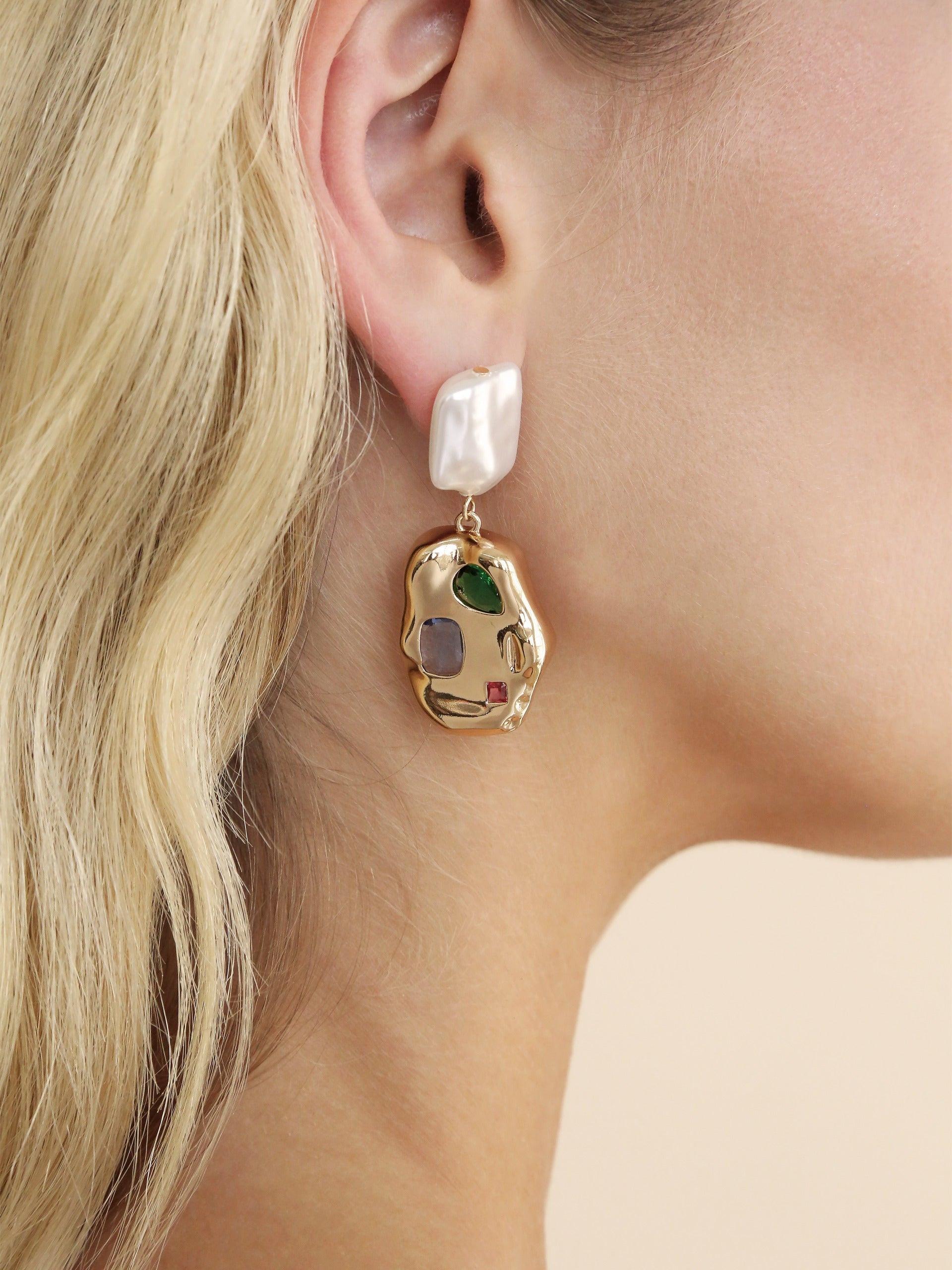 Rainbow Crystal Nugget & Pearl Earrings.