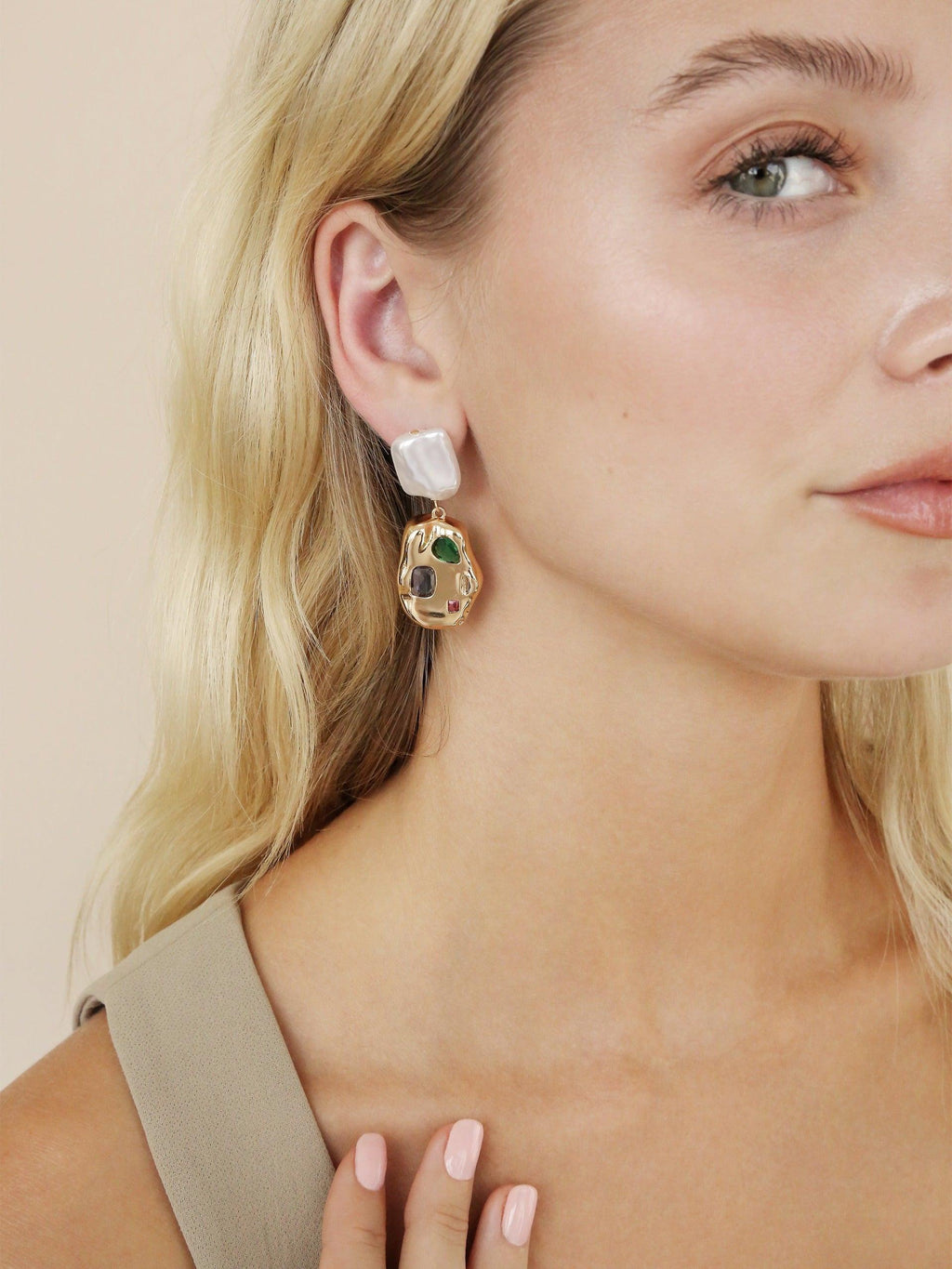 Rainbow Crystal Nugget & Pearl Earrings.