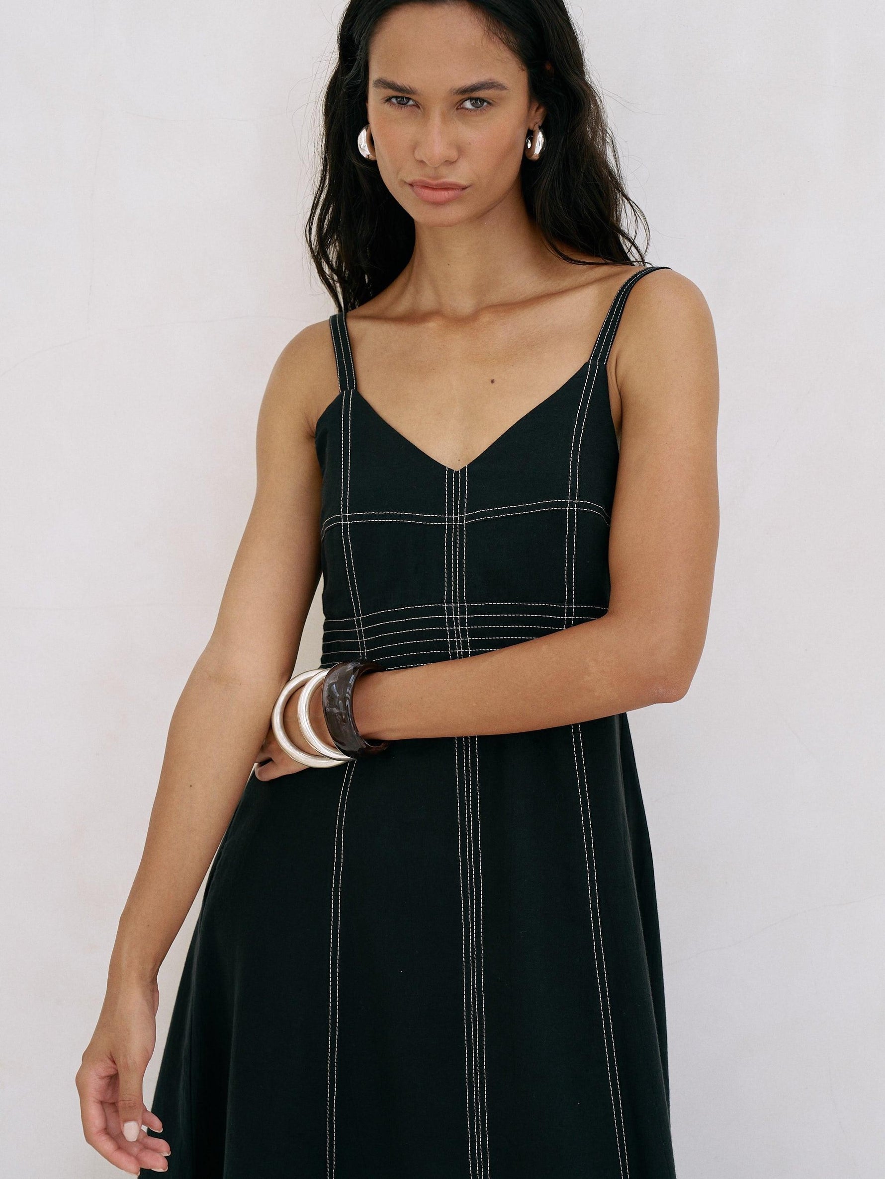Eva maxi dress in black Turkish cotton with V-neckline, adjustable straps and hidden side pockets by The Handloom Eva Maxi Dress - Black - elizabeth + Bern