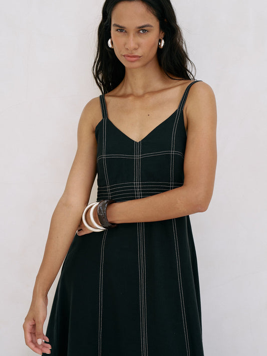 Eva maxi dress in black Turkish cotton with V-neckline, adjustable straps and hidden side pockets by The Handloom Eva Maxi Dress - Black - elizabeth + Bern