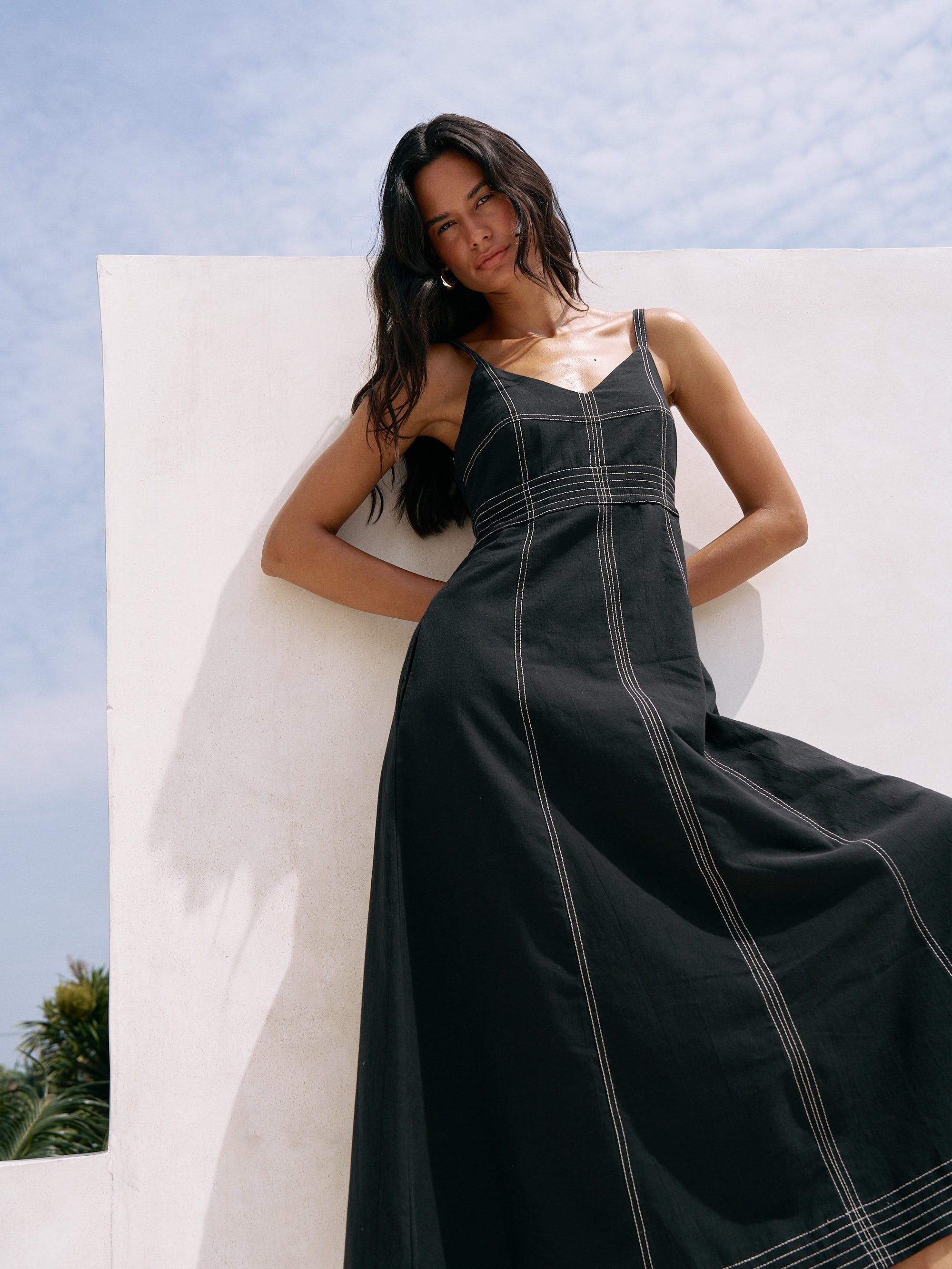 Eva maxi dress in black Turkish cotton with V-neckline, adjustable straps and hidden side pockets by The Handloom Eva Maxi Dress - Black - elizabeth + Bern