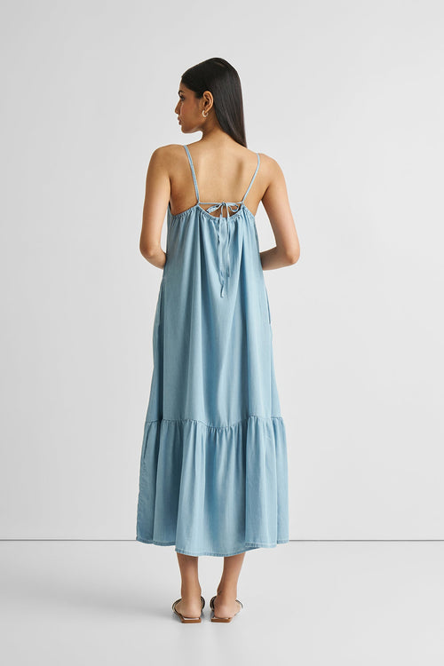 Flowy Maxi Dress in Blue Denim