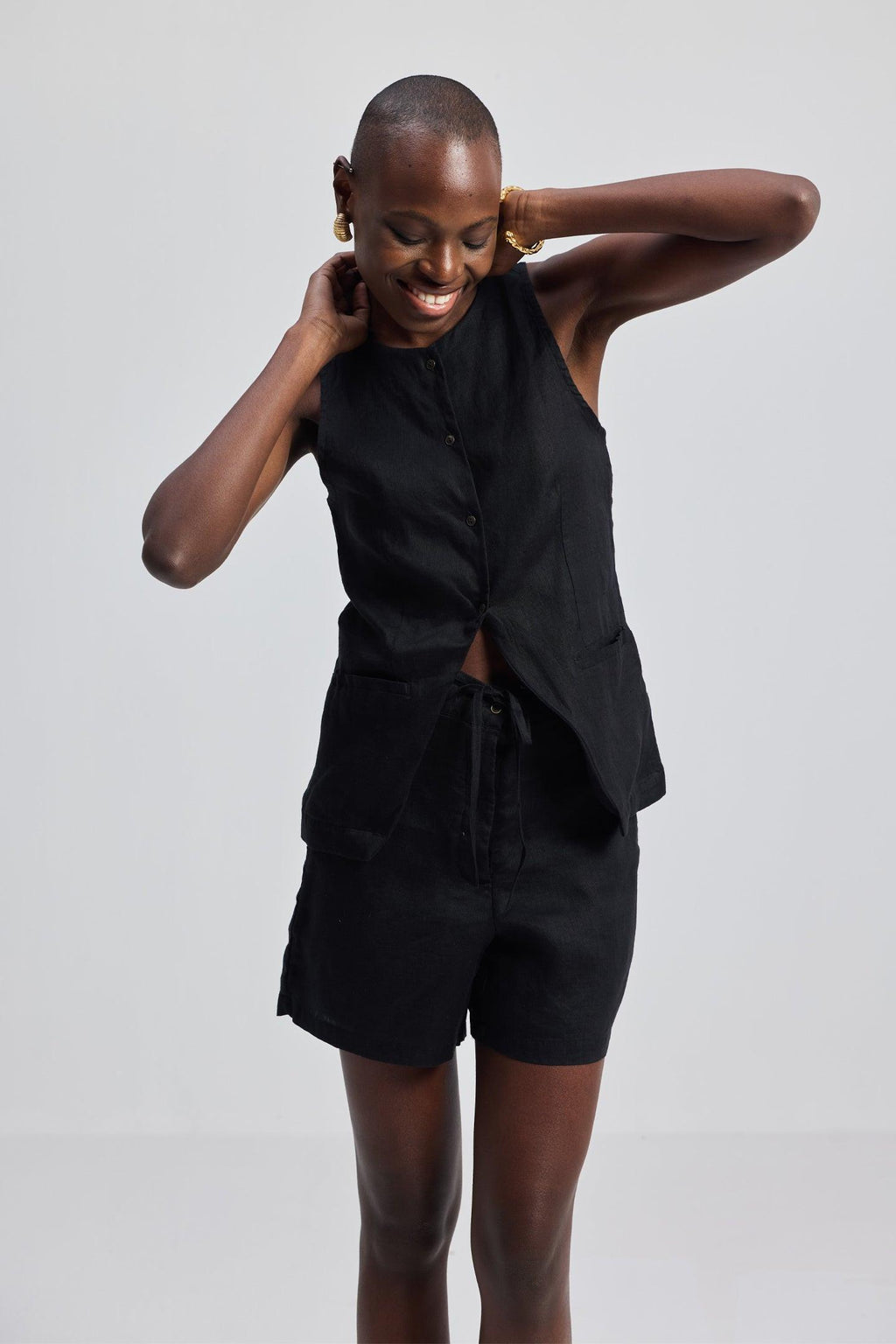 Hemp Vest Jacket Set in Black