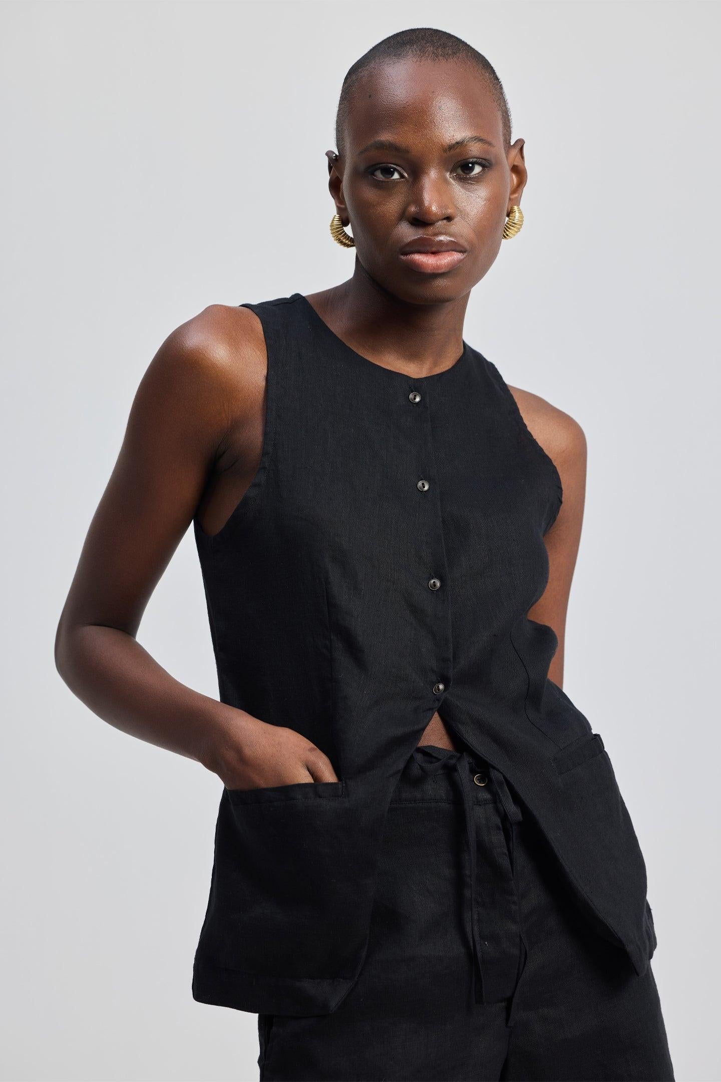 Hemp Vest Jacket Set in Black
