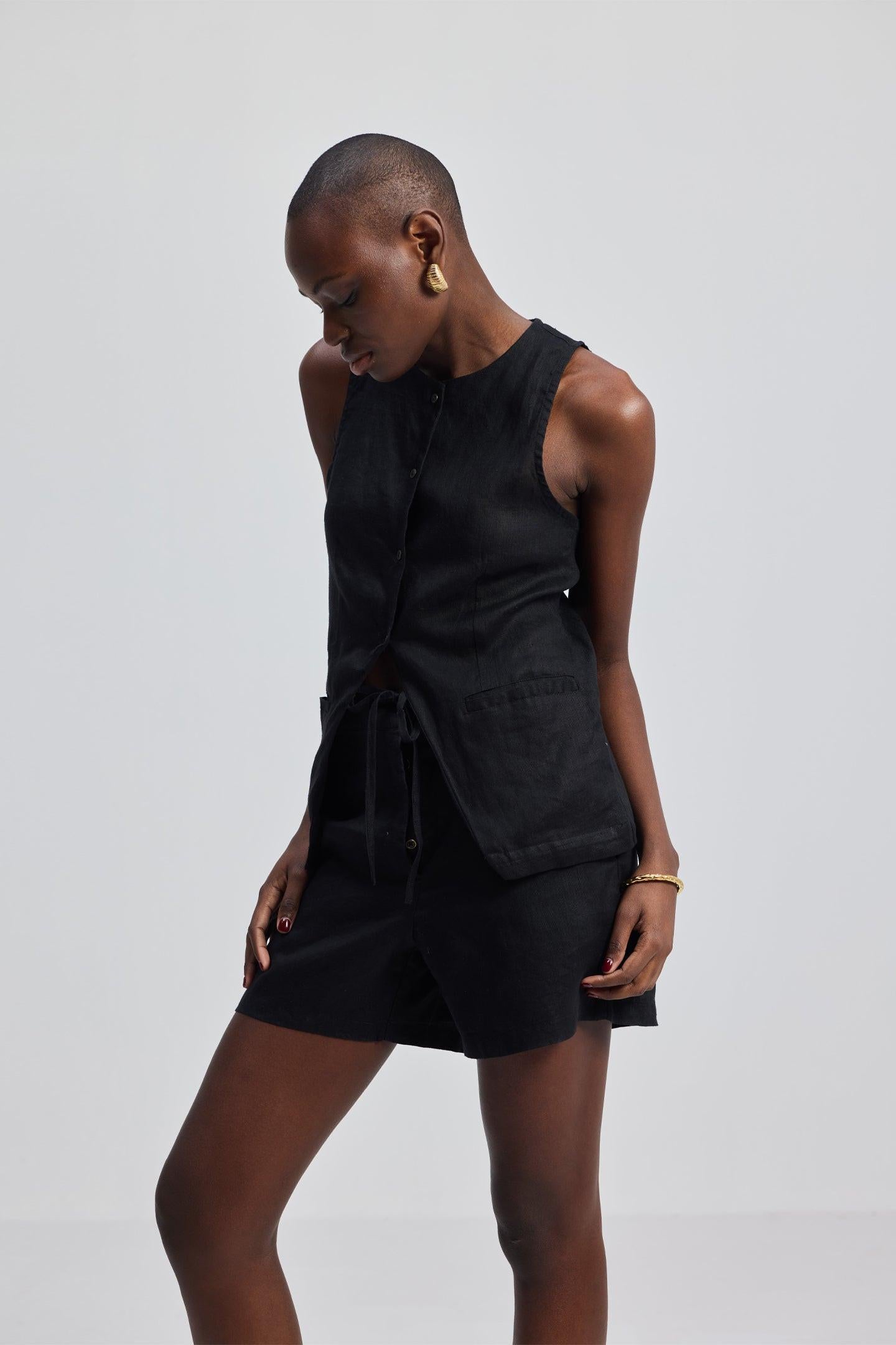 Hemp Vest Jacket Set in Black