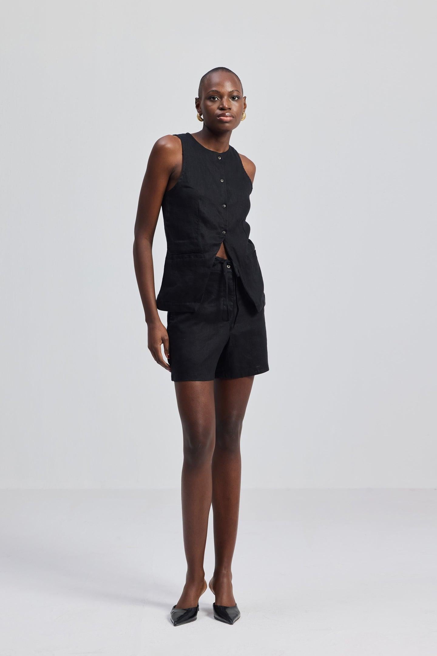 Hemp Vest Jacket Set in Black