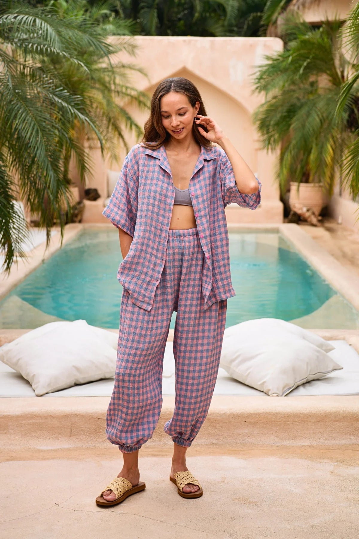 Vanessa Linen Gingham Balloon Pants in Lavender