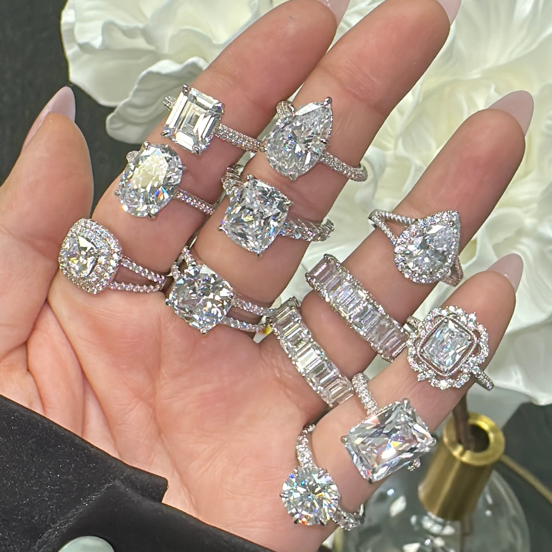 5.0ct Pear Cut Moissanite Three Row Pavè Lab Diamond Engagement Ring