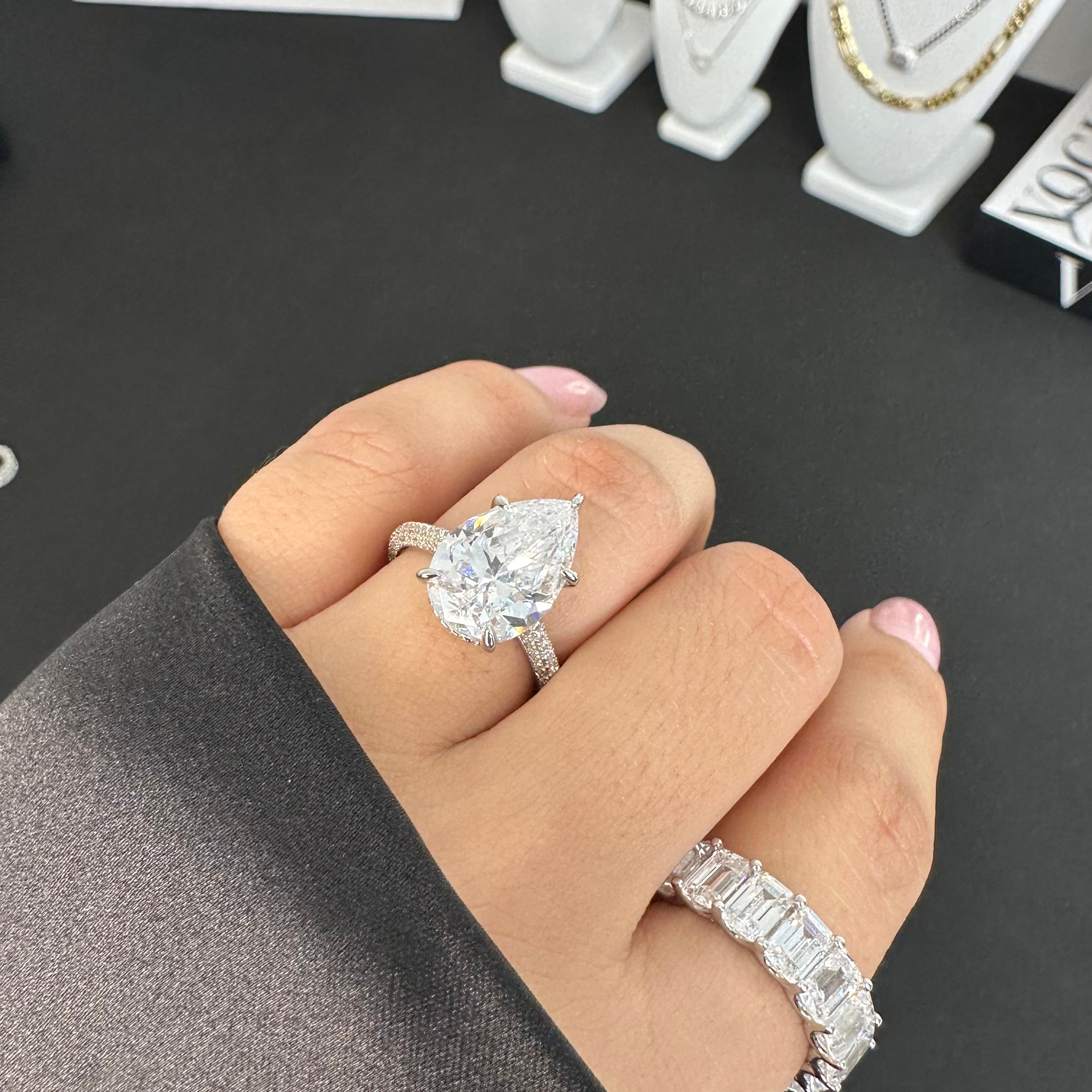 5.0ct Pear Cut Moissanite Three Row Pavè Lab Diamond Engagement Ring