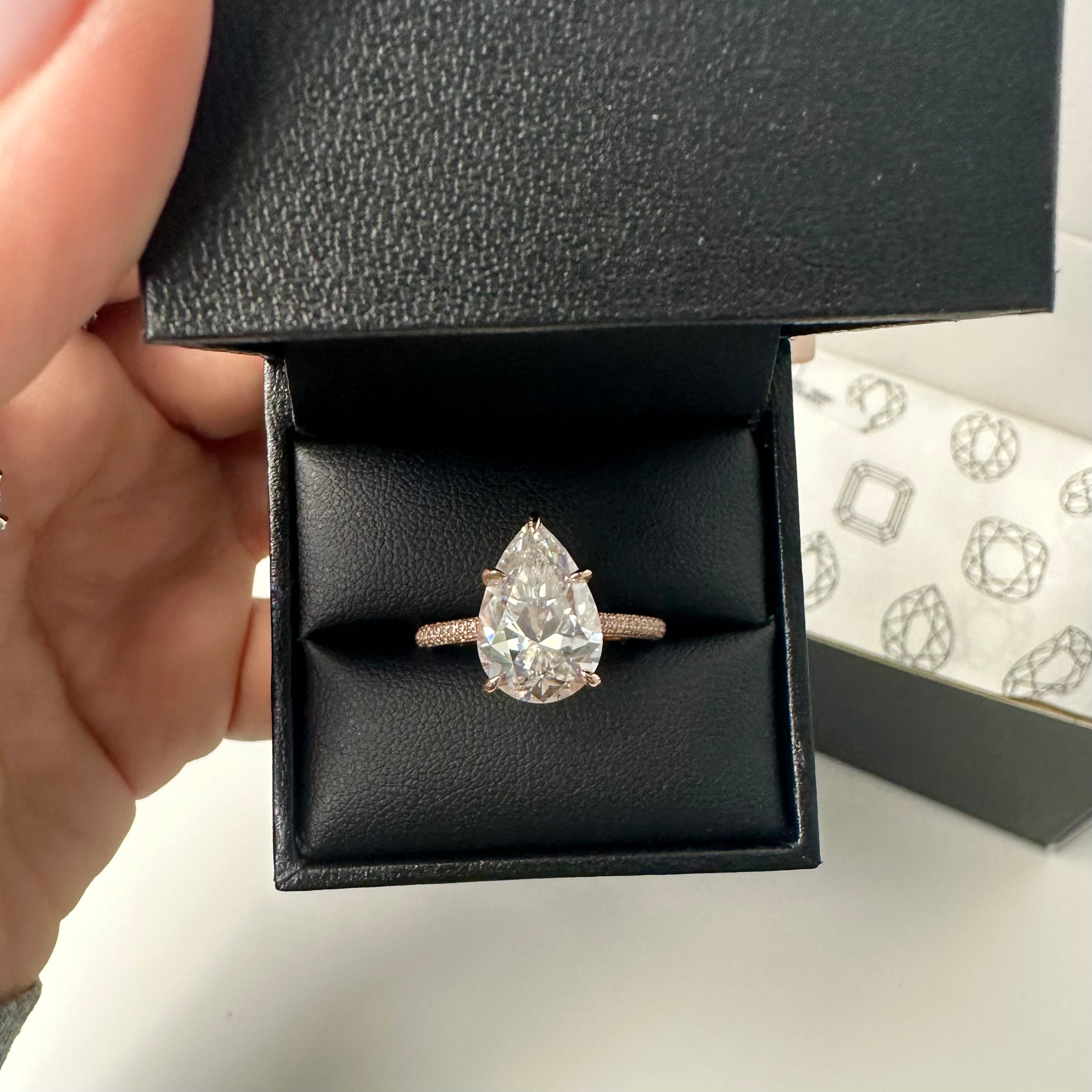 5.0ct Pear Cut Moissanite Three Row Pavè Lab Diamond Engagement Ring