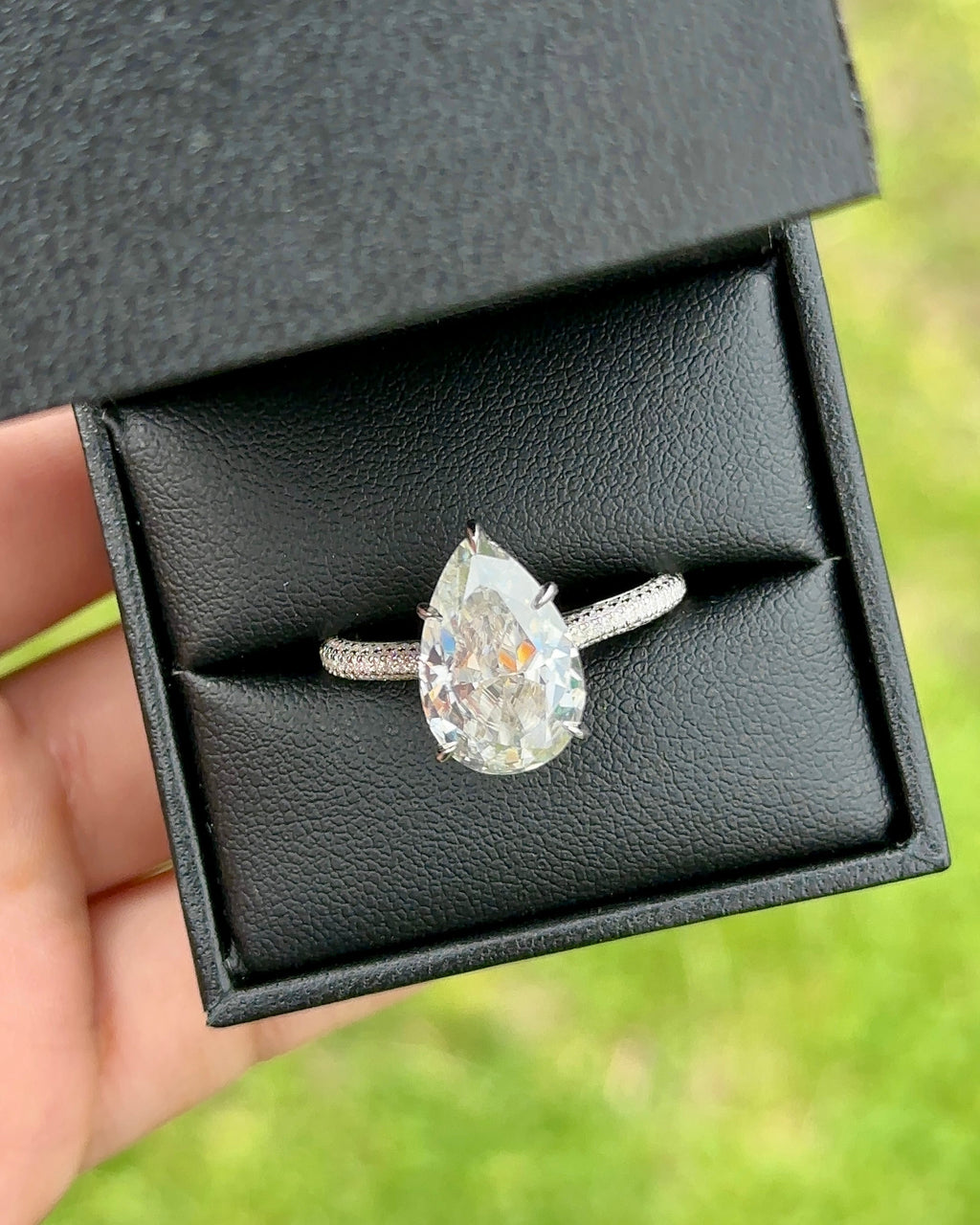 5.0ct Pear Cut Moissanite Three Row Pavè Lab Diamond Engagement Ring