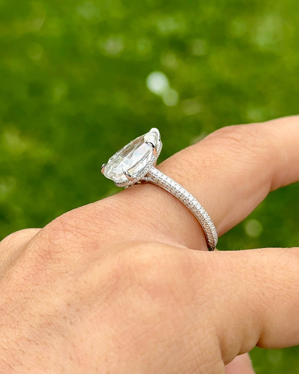 5.0ct Pear Cut Moissanite Three Row Pavè Lab Diamond Engagement Ring