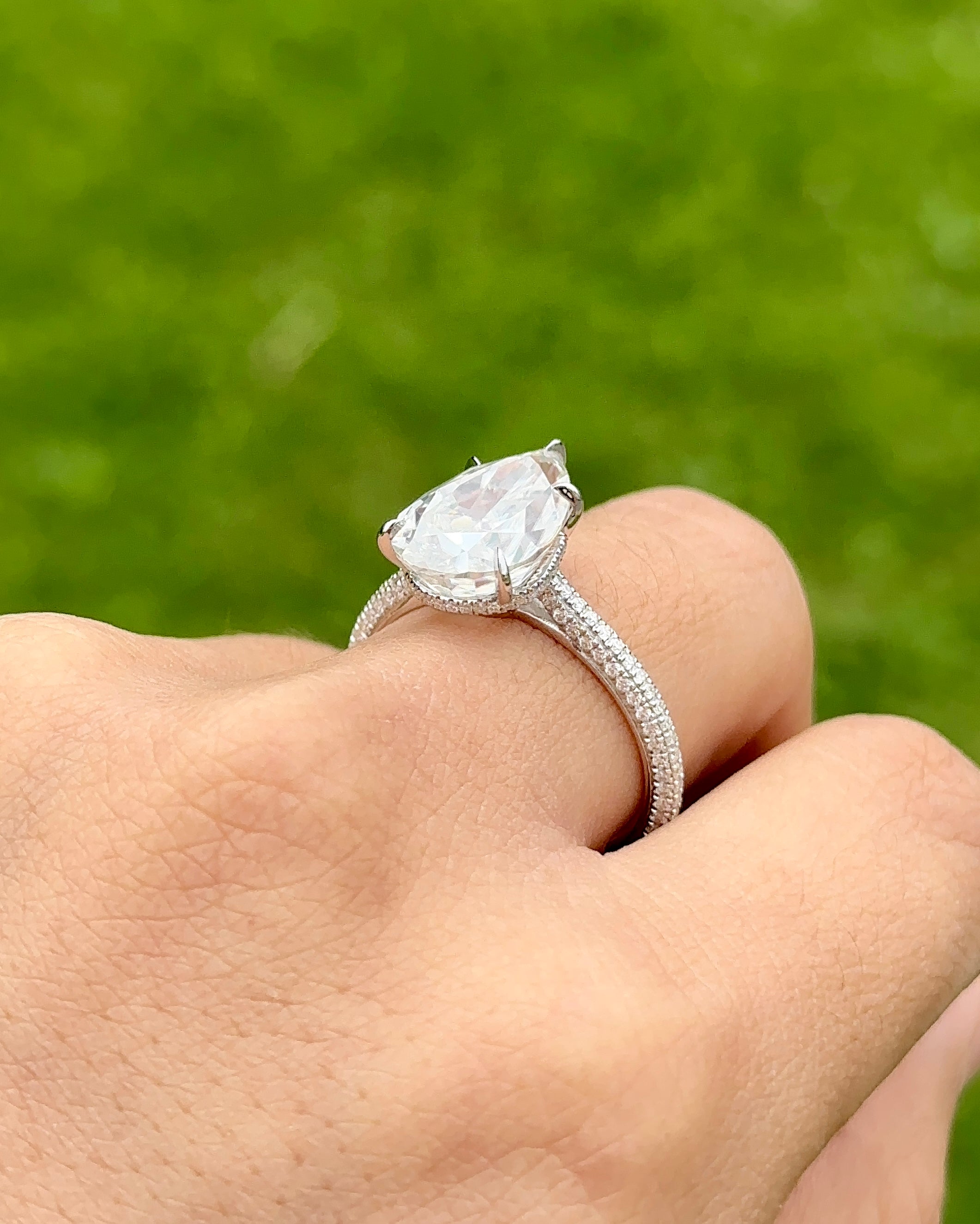 5.0ct Pear Cut Moissanite Three Row Pavè Lab Diamond Engagement Ring