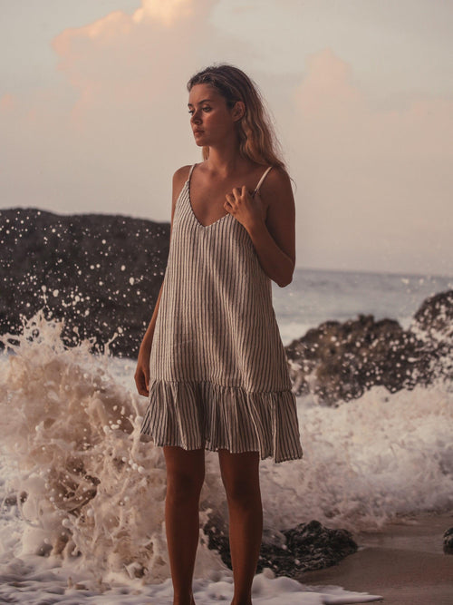 Liv Mini Ruffle Dress - Black Stripes The Handloom elizabeth + Bern