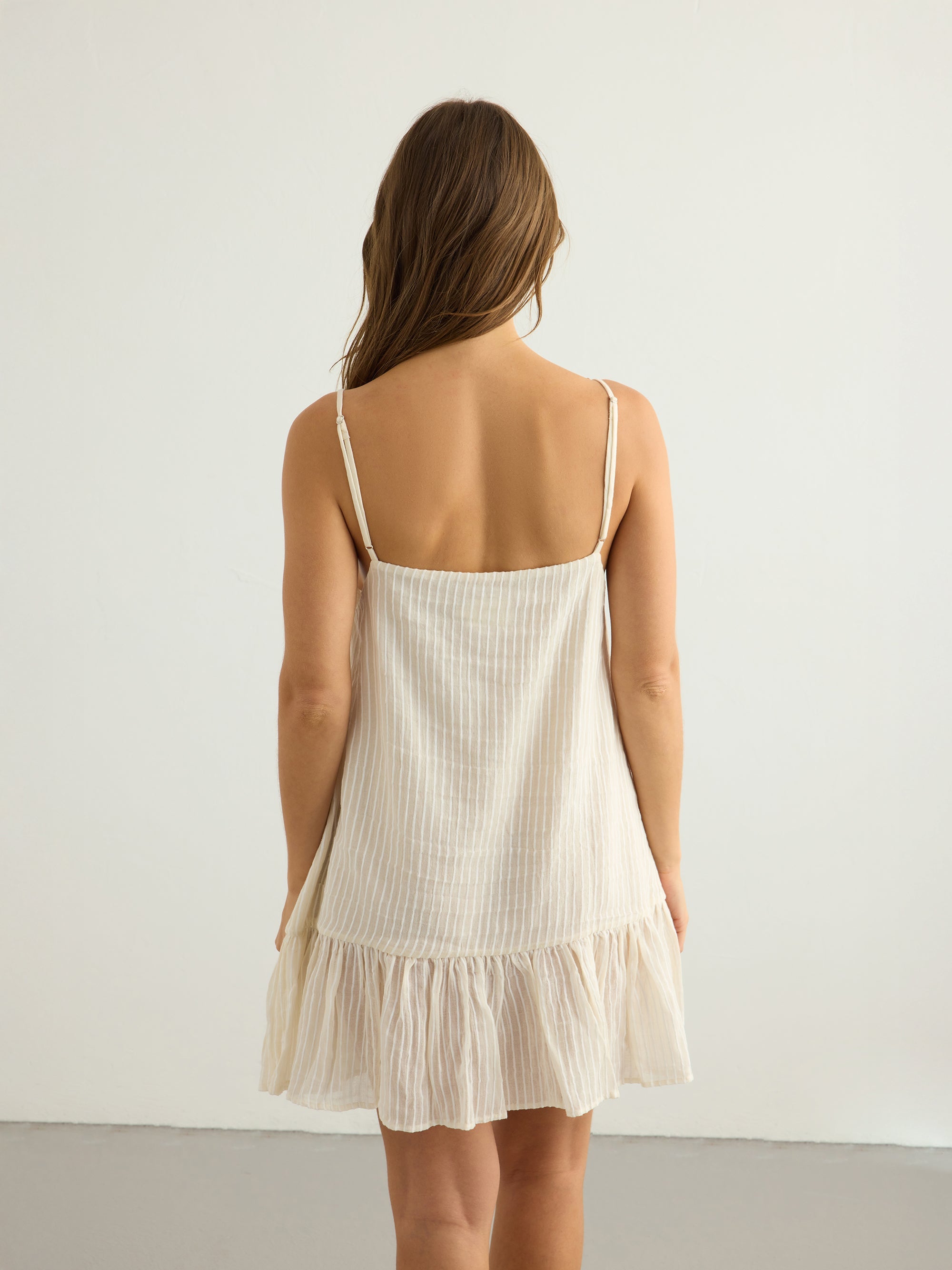 Liv Mini Ruffle Dress - White Stripes The Handloom elizabeth + Bern