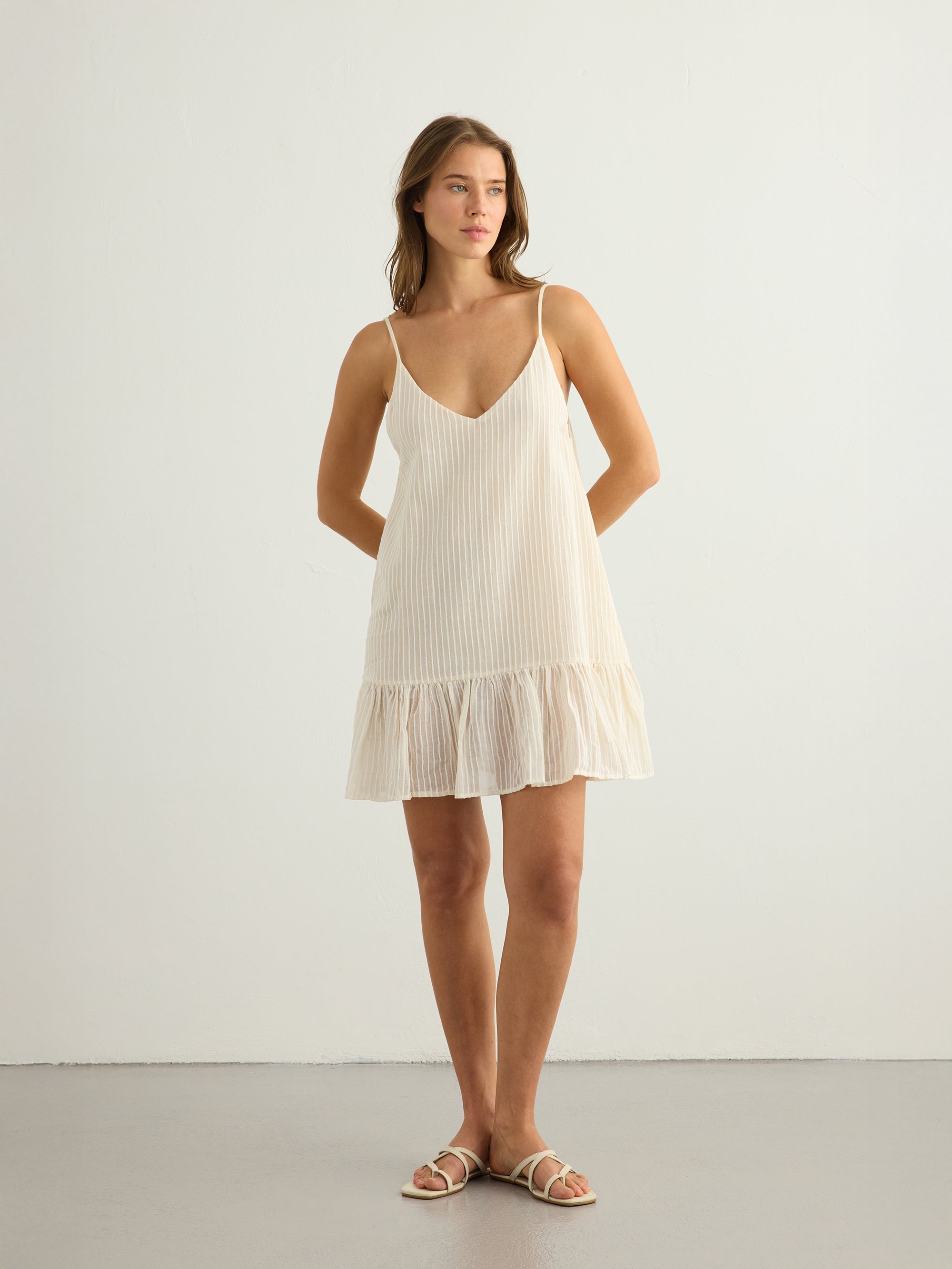 Liv Mini Ruffle Dress - White Stripes The Handloom elizabeth + Bern