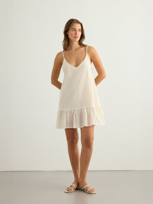 Liv Mini Ruffle Dress - White Stripes The Handloom elizabeth + Bern