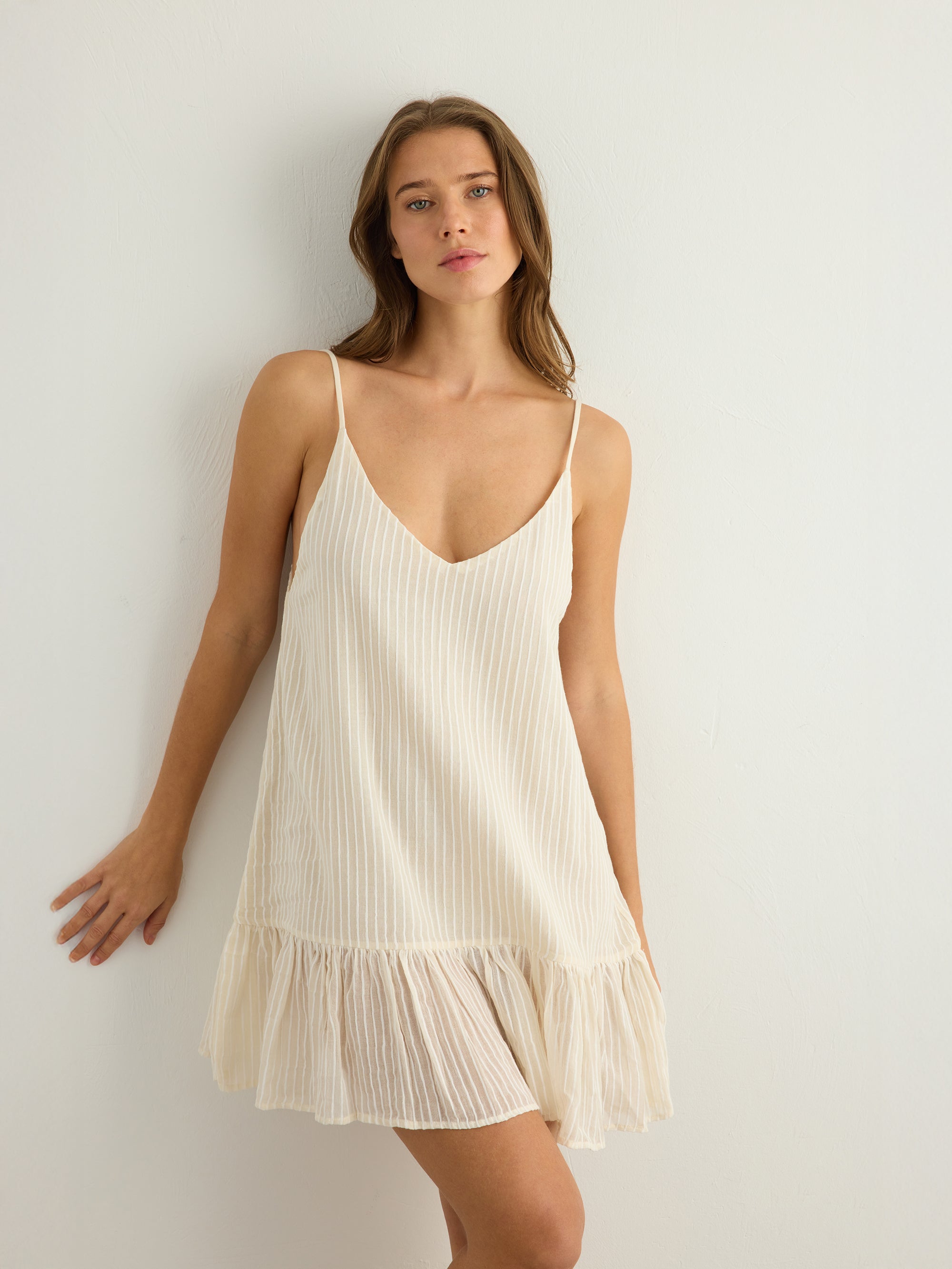 Liv Mini Ruffle Dress - White Stripes The Handloom elizabeth + Bern