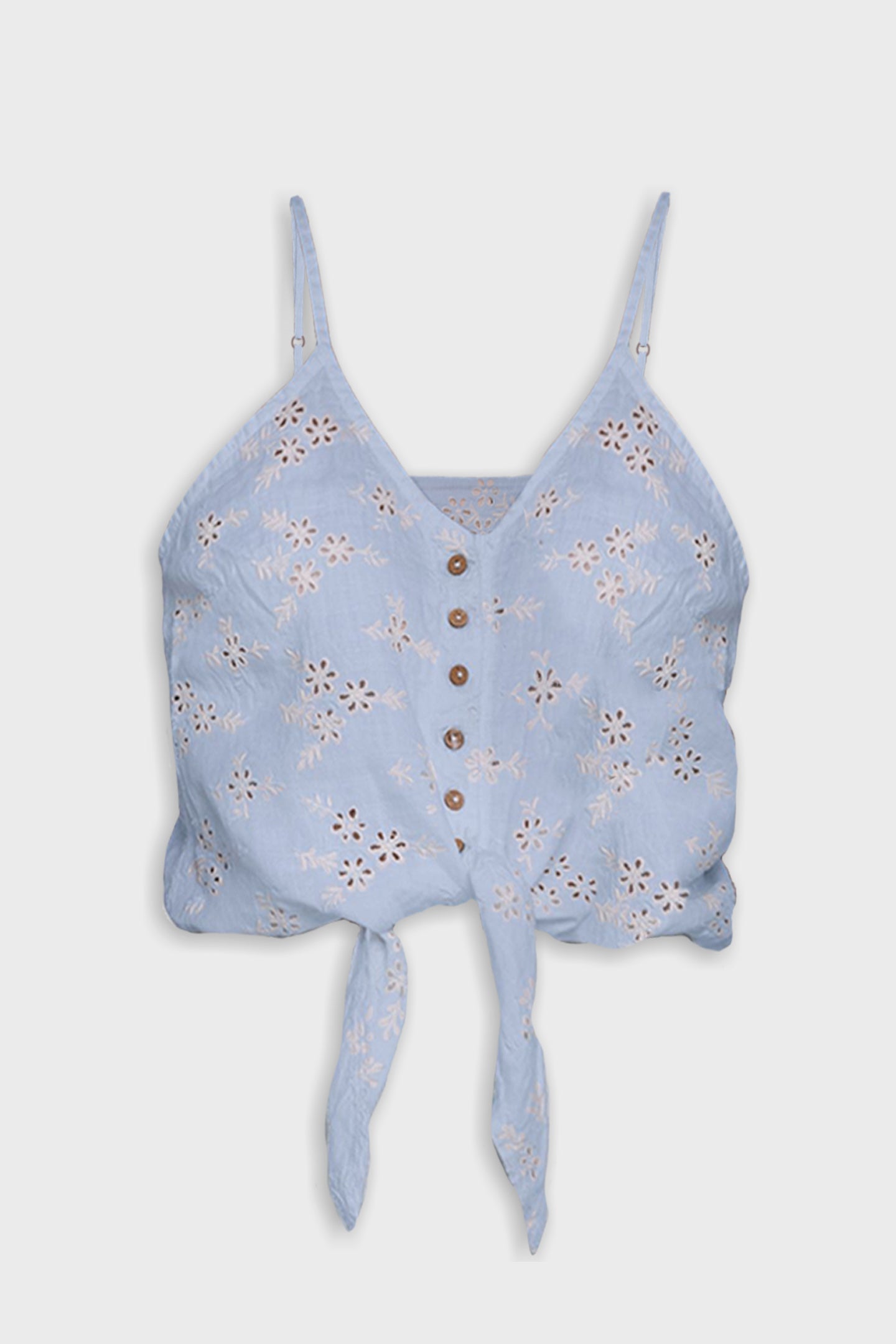 Light blue floral top with thin straps on a white background Pool Day Tan Lines camisole top in summer blue hemp with eyelet embroidery, tie-up front and adjustable straps