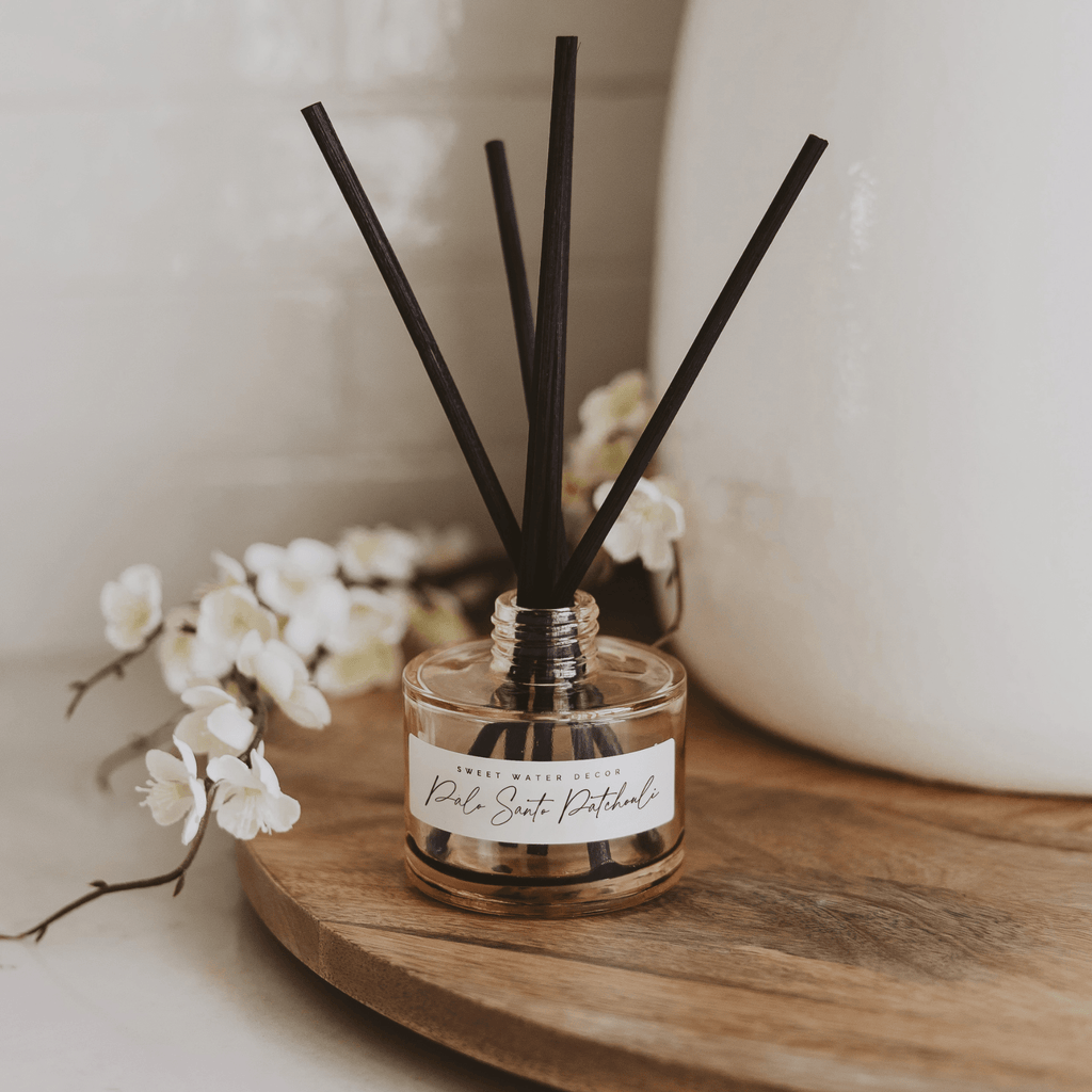 Palo Santo Patchouli Tinted Glass Jar Reed Diffuser Sweet Water Decor elizabeth + Bern