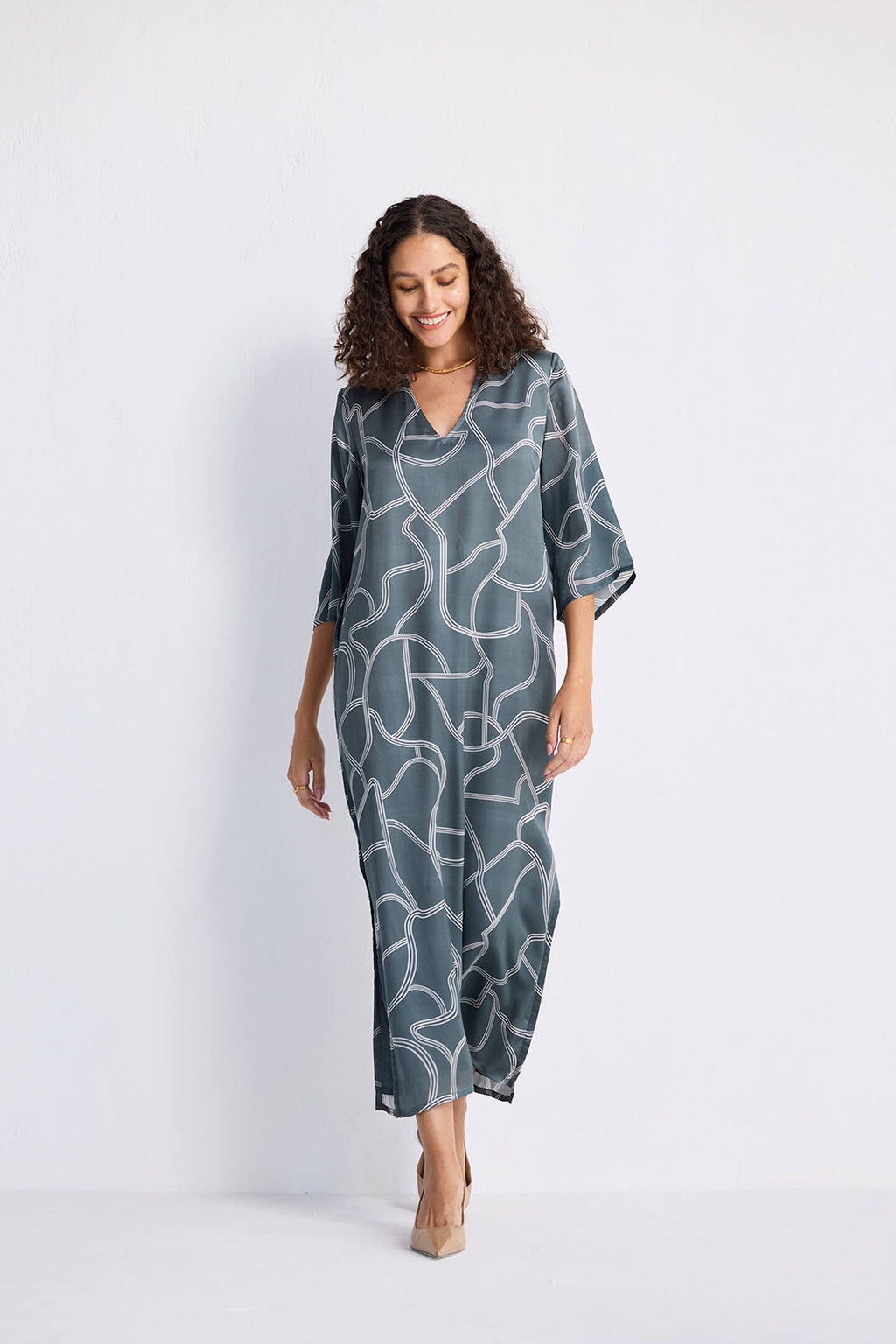 Maxi Dress with Side Slits in Abstract Stripes