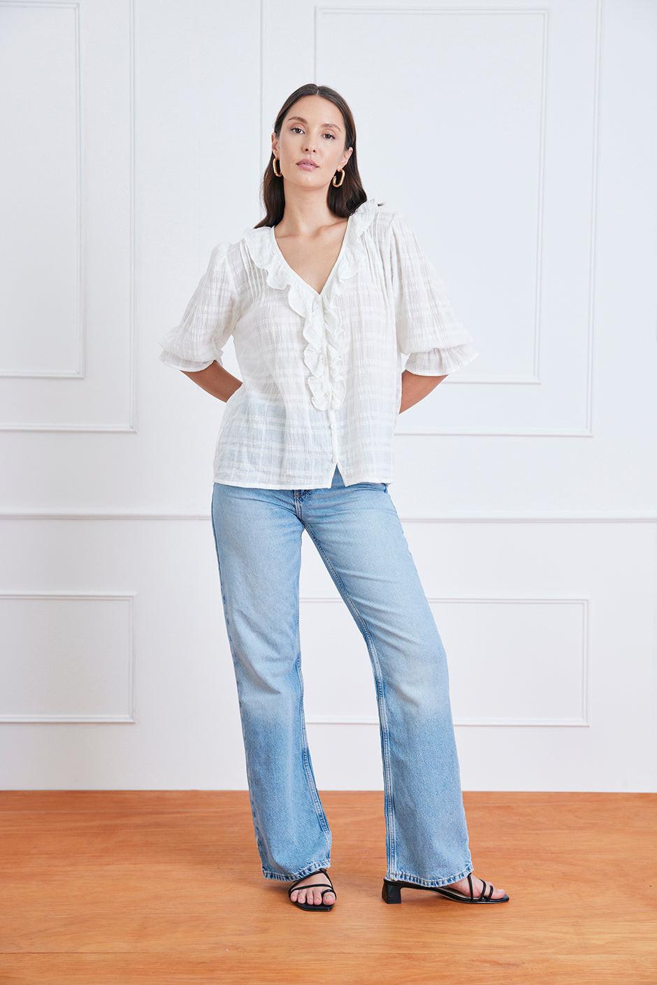 Chloe Shirt in Off White Plaid.