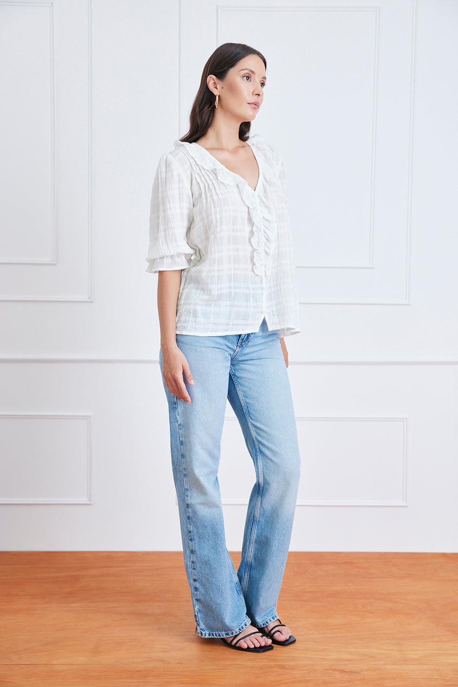 Chloe Shirt in Off White Plaid.
