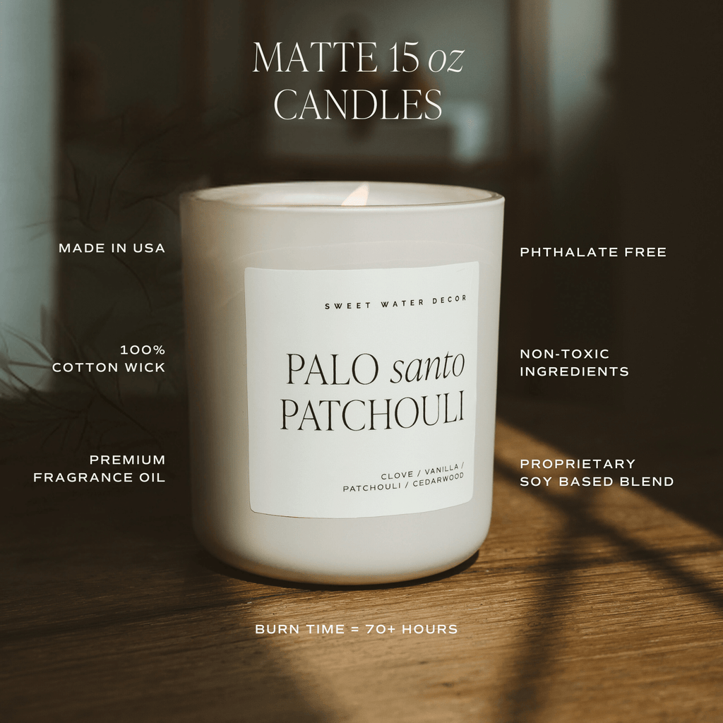 Palo Santo Patchouli Soy Candle - Tan Matte Jar - 15 oz Sweet Water Decor elizabeth + Bern
