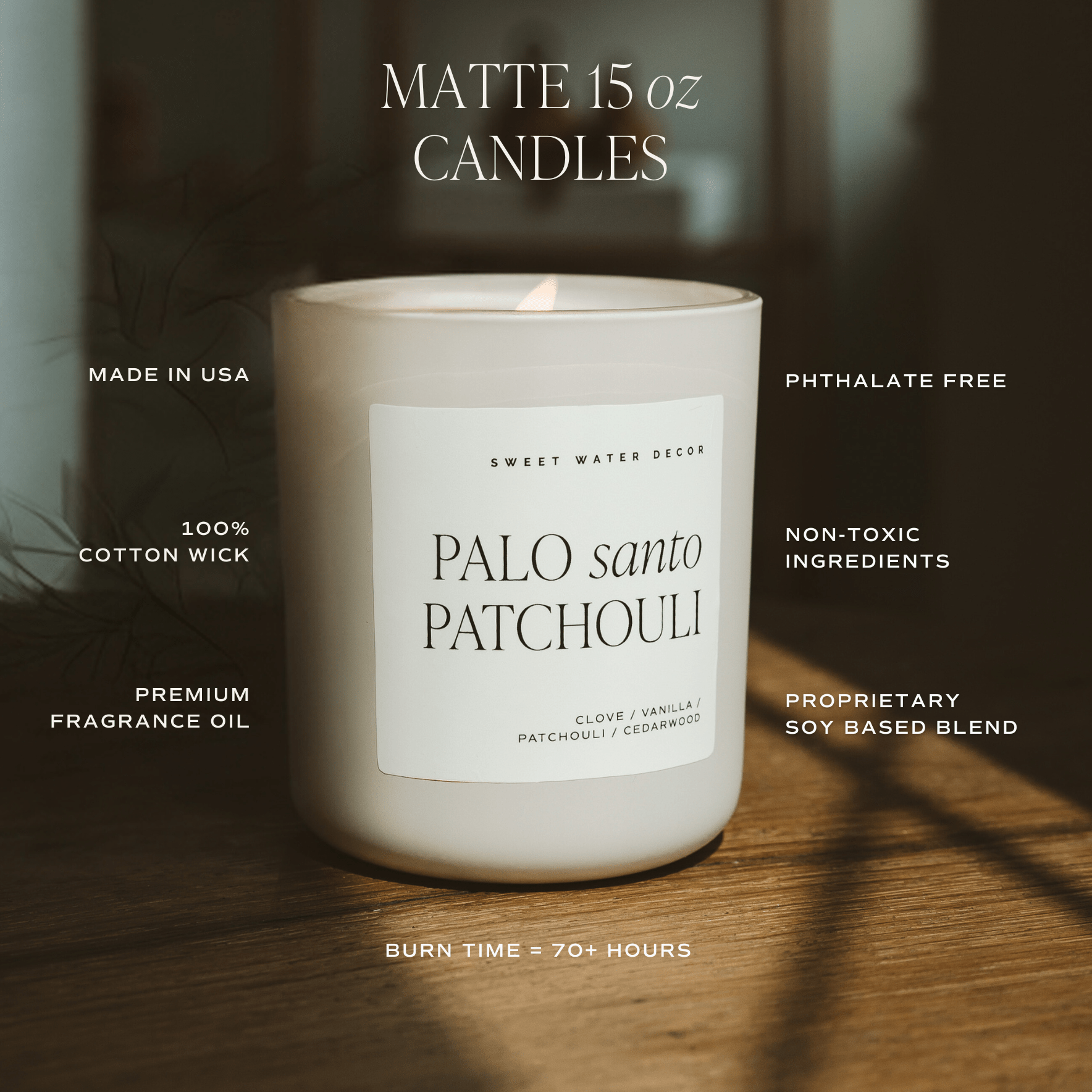 Palo Santo Patchouli Soy Candle - Tan Matte Jar - 15 oz Sweet Water Decor elizabeth + Bern