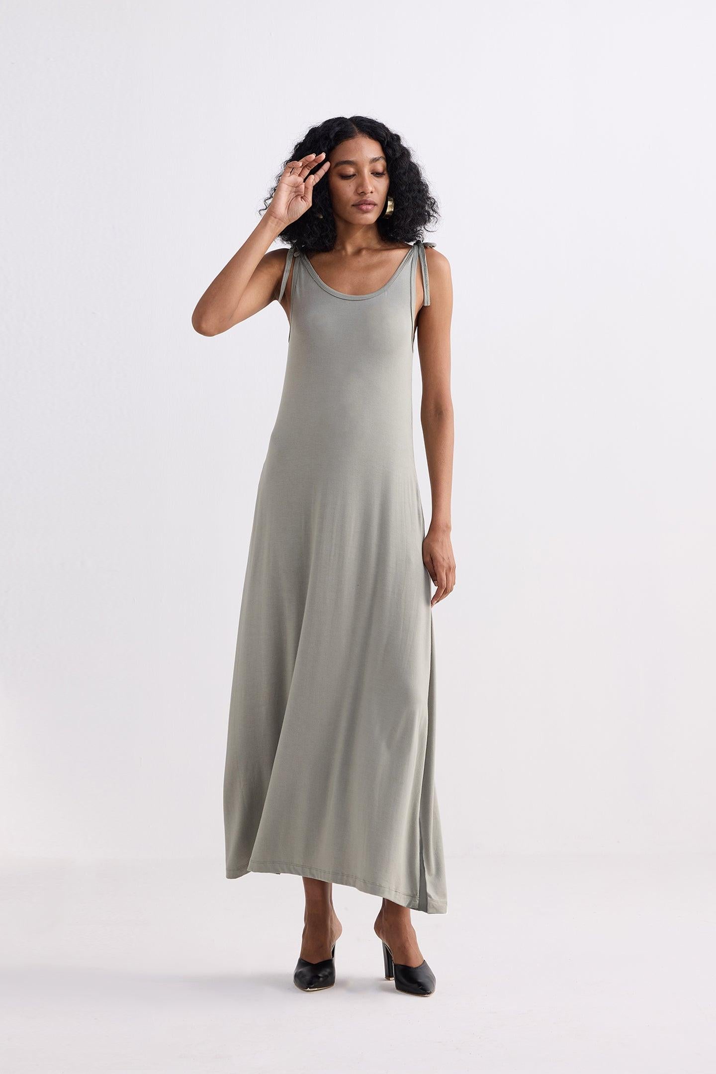 Tie-Detail Maxi Dress in Light Olive