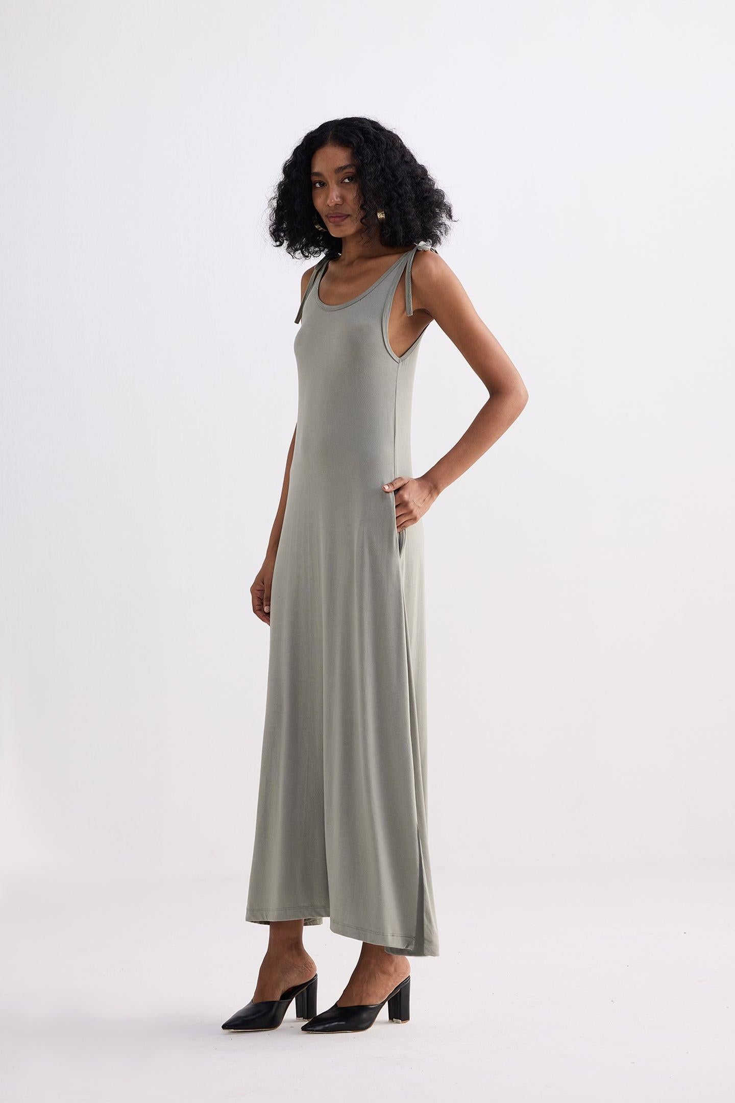 Tie-Detail Maxi Dress in Light Olive