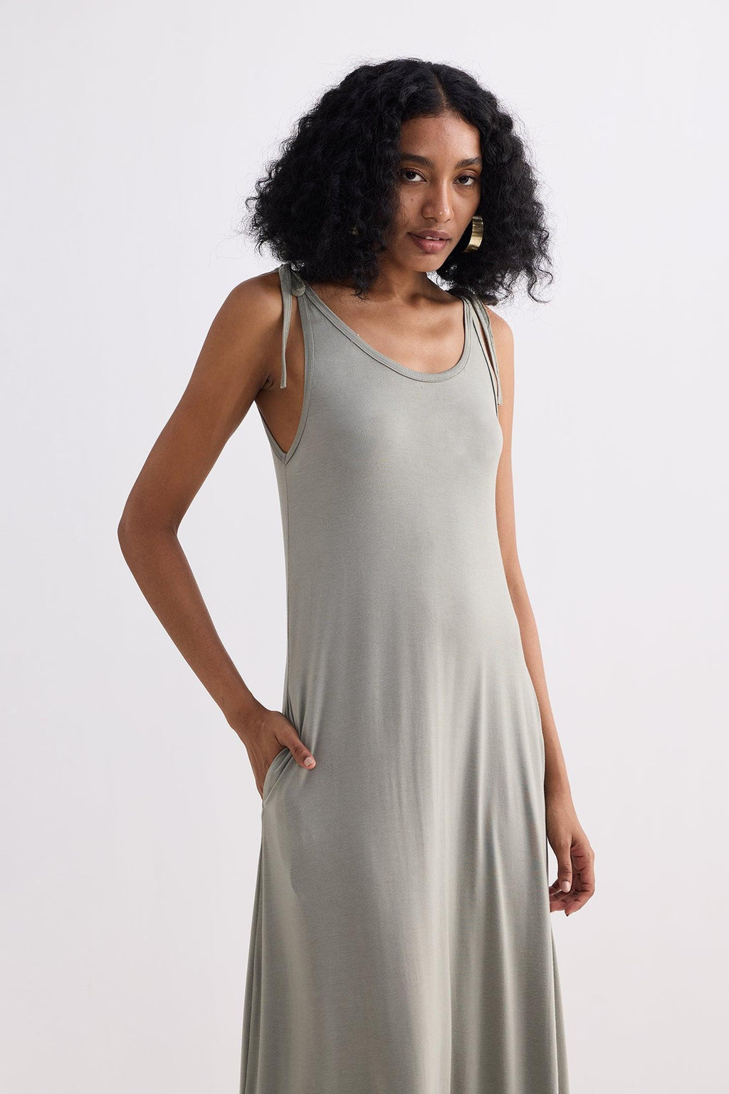 Tie-Detail Maxi Dress in Light Olive