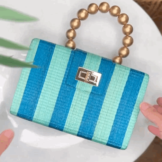 THE LOUISA Blue & Turquoise Stripe Woven Straw Clutch Bag