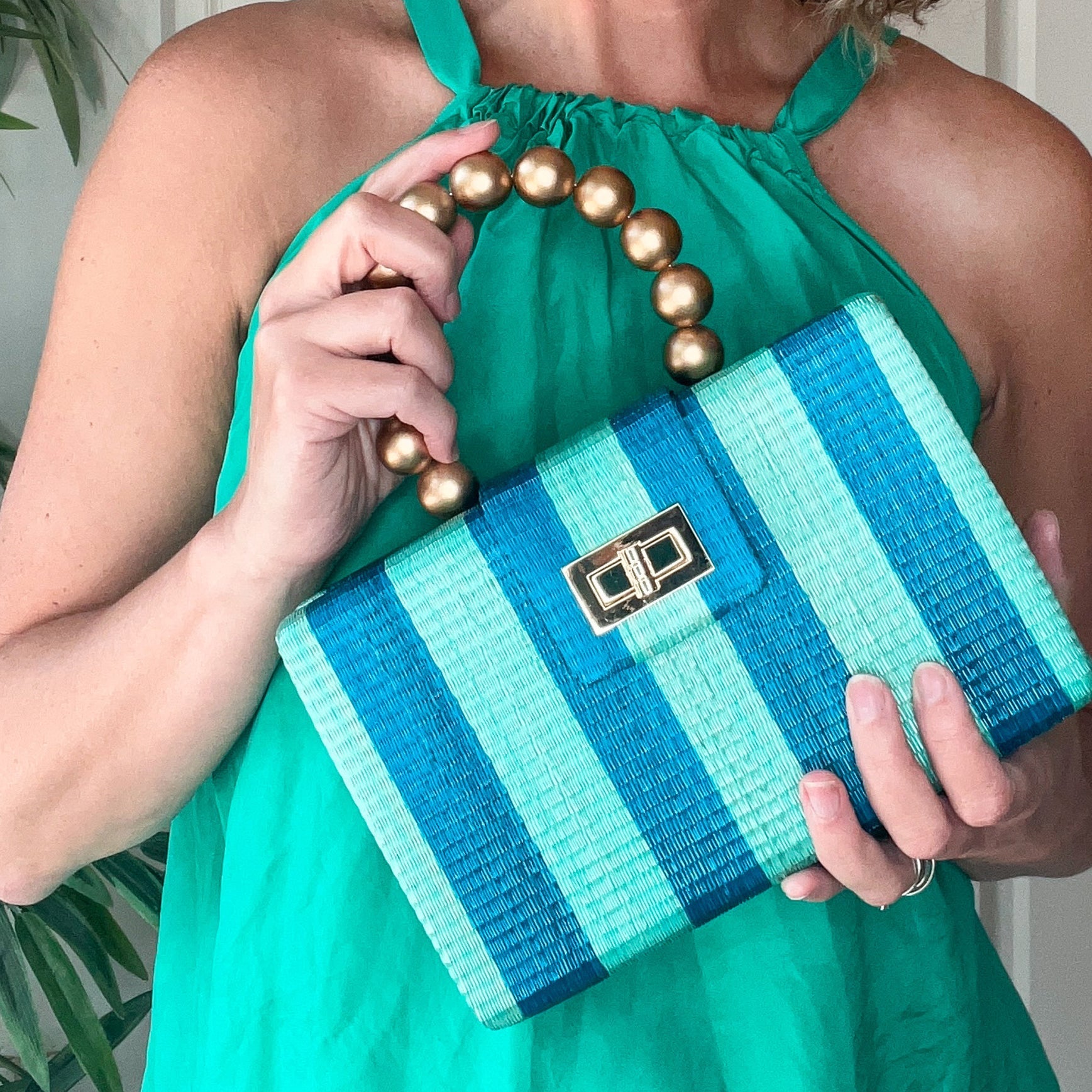 THE LOUISA Blue & Turquoise Stripe Woven Straw Clutch Bag