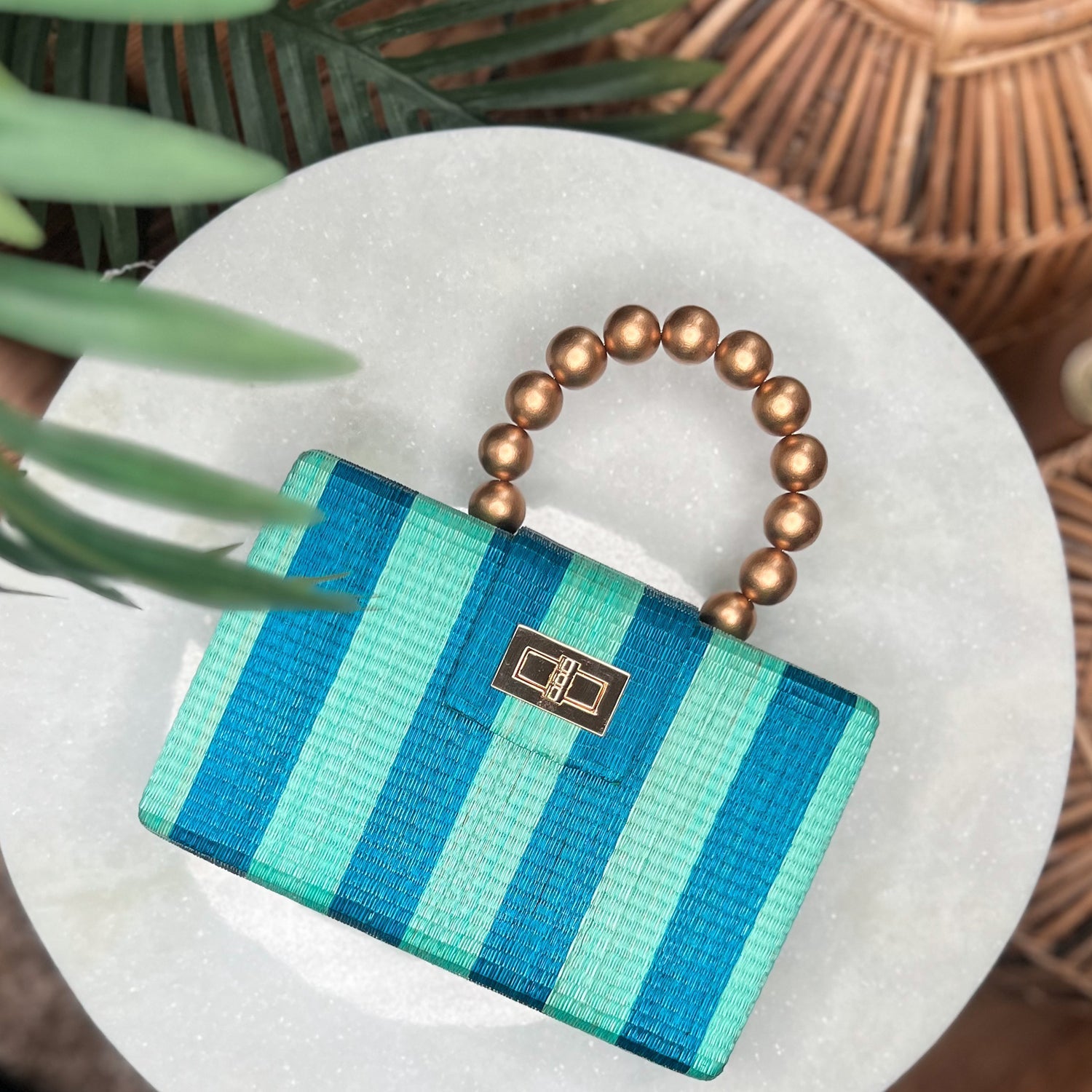 THE LOUISA Blue & Turquoise Stripe Woven Straw Clutch Bag