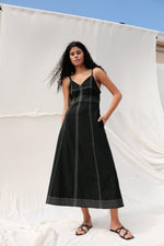 Eva maxi dress in black Turkish cotton with V-neckline, adjustable straps and hidden side pockets by The Handloom Eva Maxi Dress - Black - elizabeth + Bern